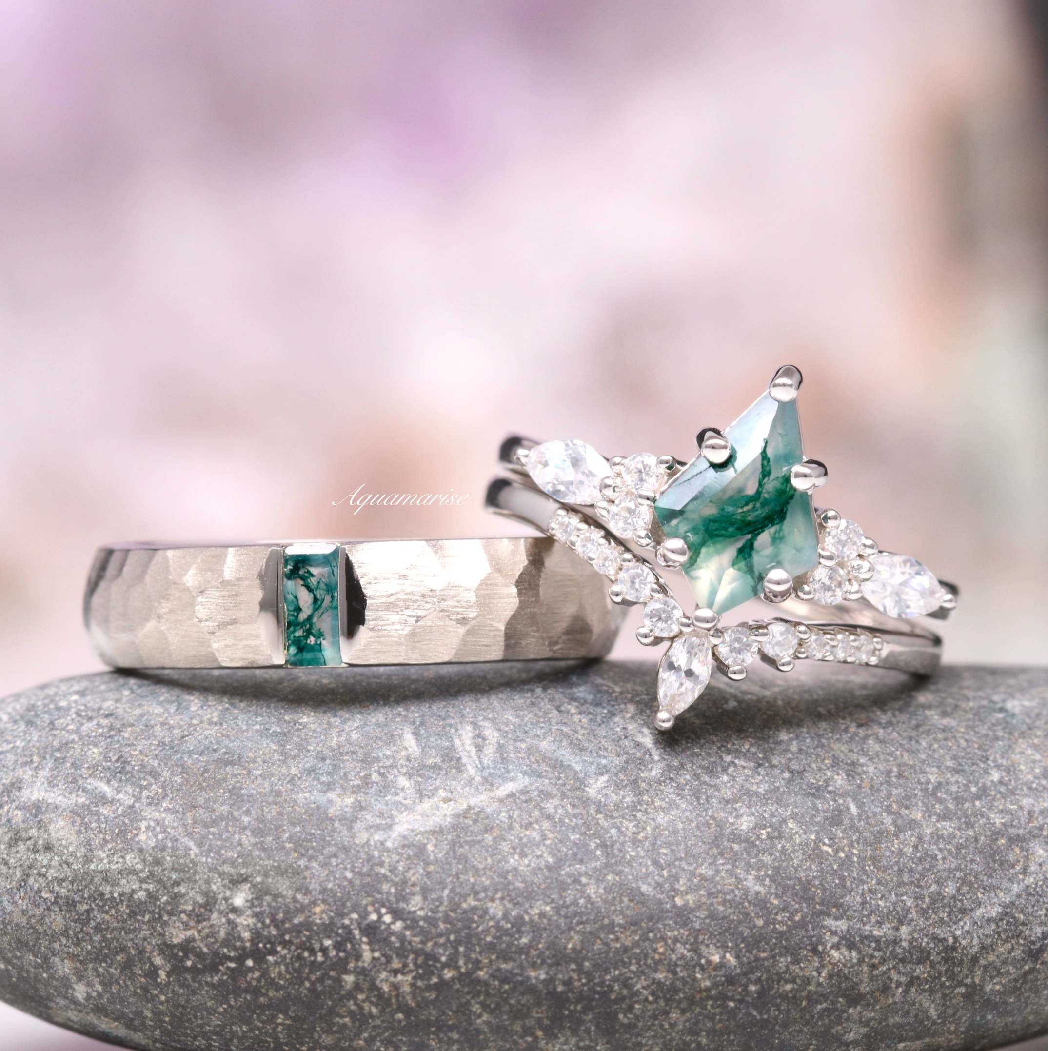 5.5MM Sterling Silver Moss Agate Wedding Band for Women - Nature-Inspired Engagement Ring & Anniversary Gift for Her