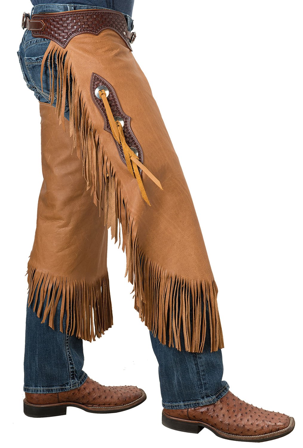 Western Basketweave Leather Chinks for Horse Riding & Rodeo - Cowboy Equestrian Leg Protection Gear