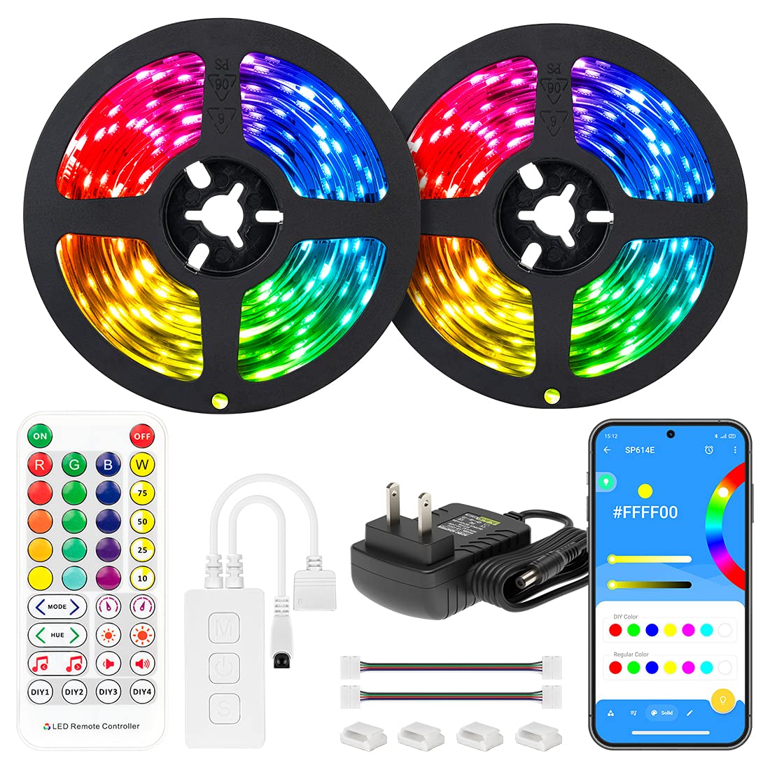 BTF-LIGHTING 32.8FT RGBW LED Strip Lights with Bluetooth Music APP Control - 3000K Warm White + 4 Color Changing Modes - 12V Power Supply & Remote - Perfect for Bedroom, Desk, Home Decoration, Party Lighting and DIY Projects