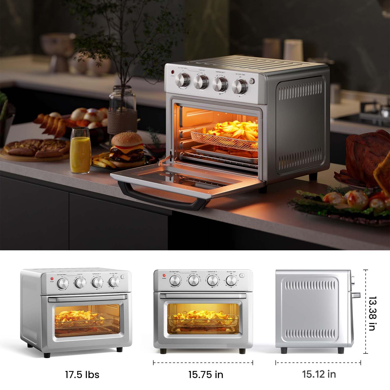 SIMOE 7-in-1 Retro Air Fryer Toaster Oven Combo - 19QT Large Capacity Convection Oven with 360° Even Heating, 5 Accessories & Recipe Book - Perfect for Family Cooking, Baking, Roasting & Healthy Meals (Sliver)