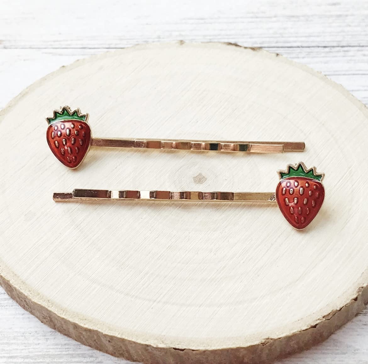 Strawberry Bobby Pins for Women - Gold Enamel Fruit Hair Clips | Cute Foodie Jewelry Gifts for Girls | Perfect for Weddings, Parties & Everyday Hair Accessories