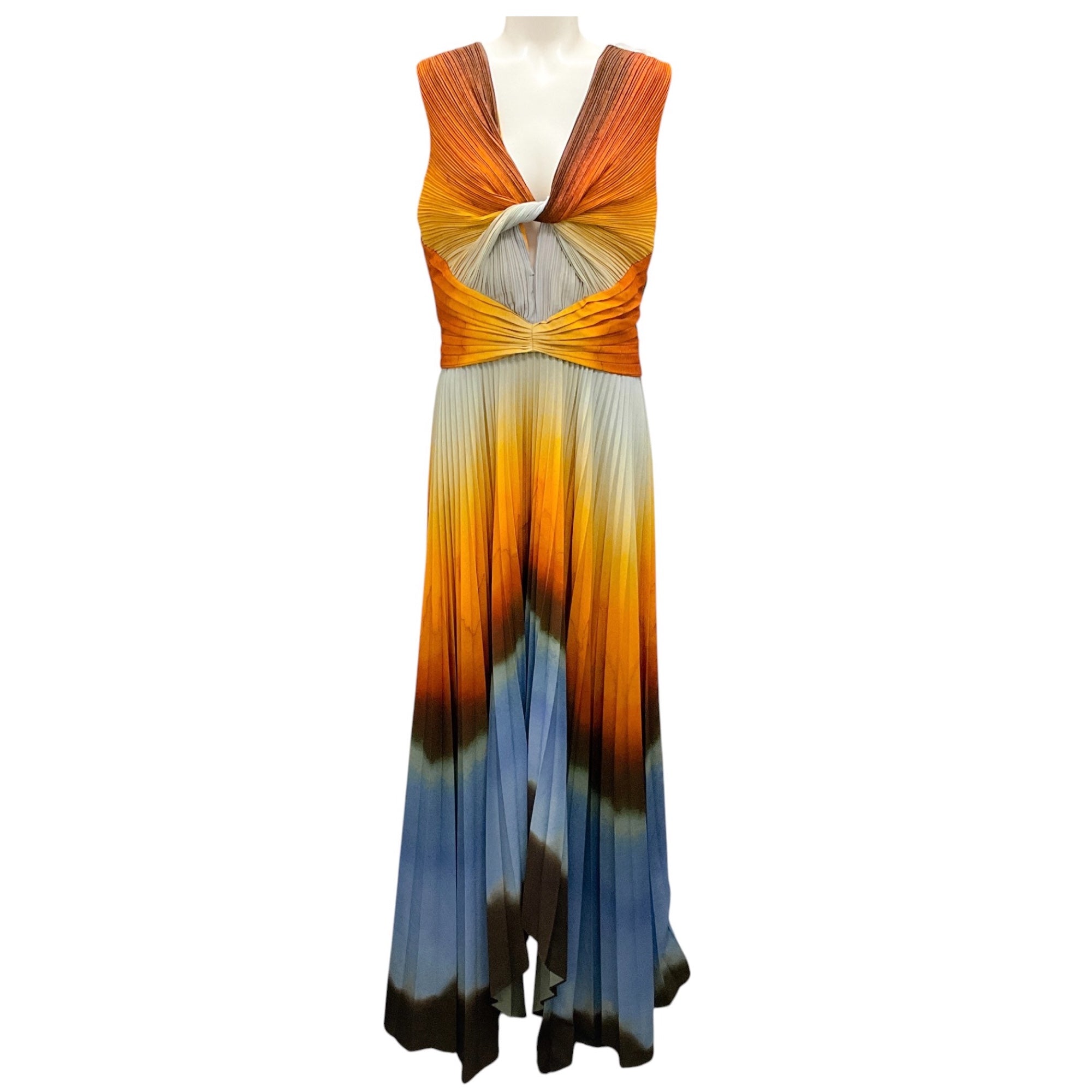 Altuzarra Orange and Blue Multi Gradient Shibori Print Kalymnos Pleated Gown - Elegant Evening Dress for Weddings, Galas, and Special Occasions