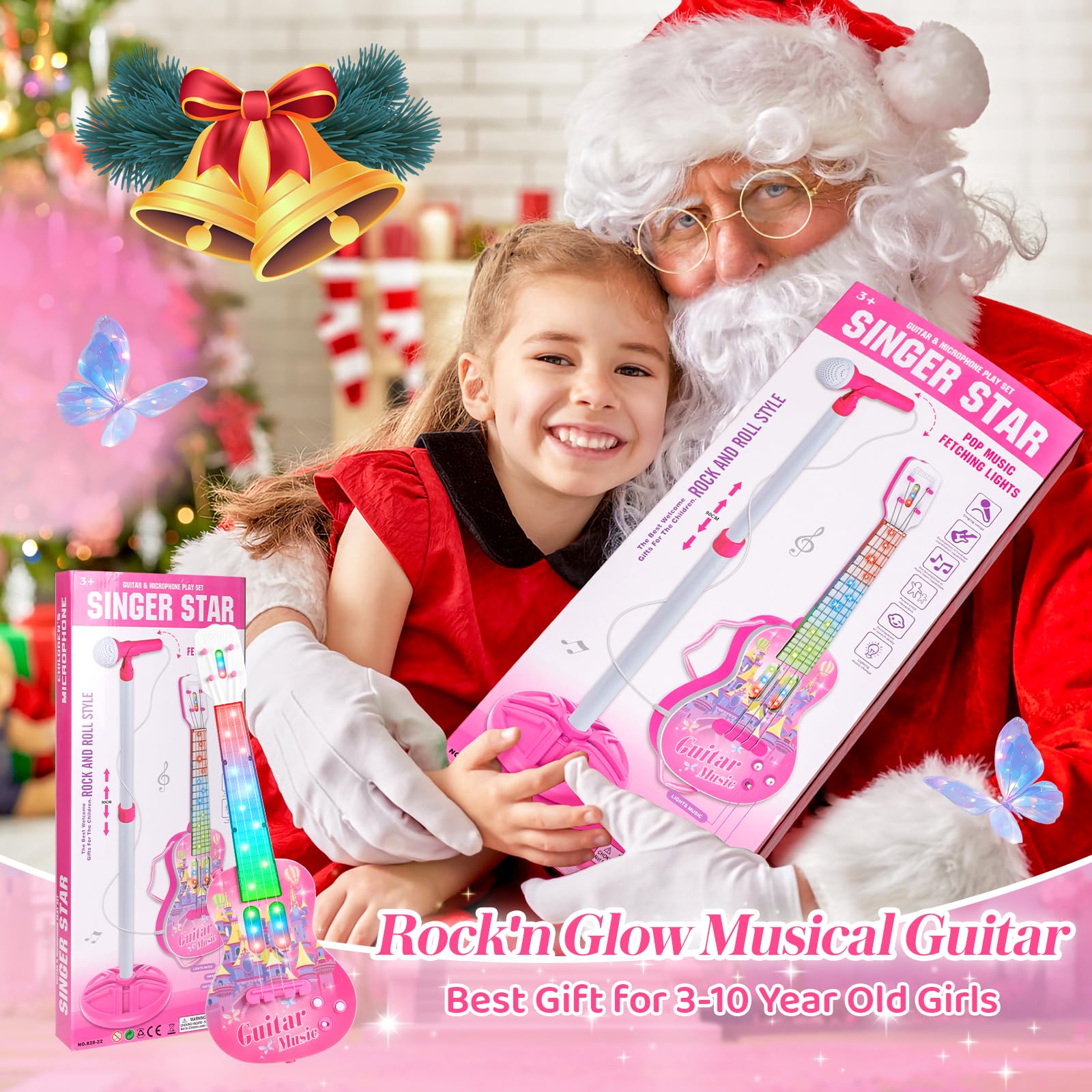 Kids Electric Guitar and Microphone Playset - 4-String Musical Toy Guitar with Adjustable Stand, LED Music Lights & Karaoke Function - Perfect Birthday Gift for Boys & Girls | Home Music Party, Stage Performance & Early Childhood Education
