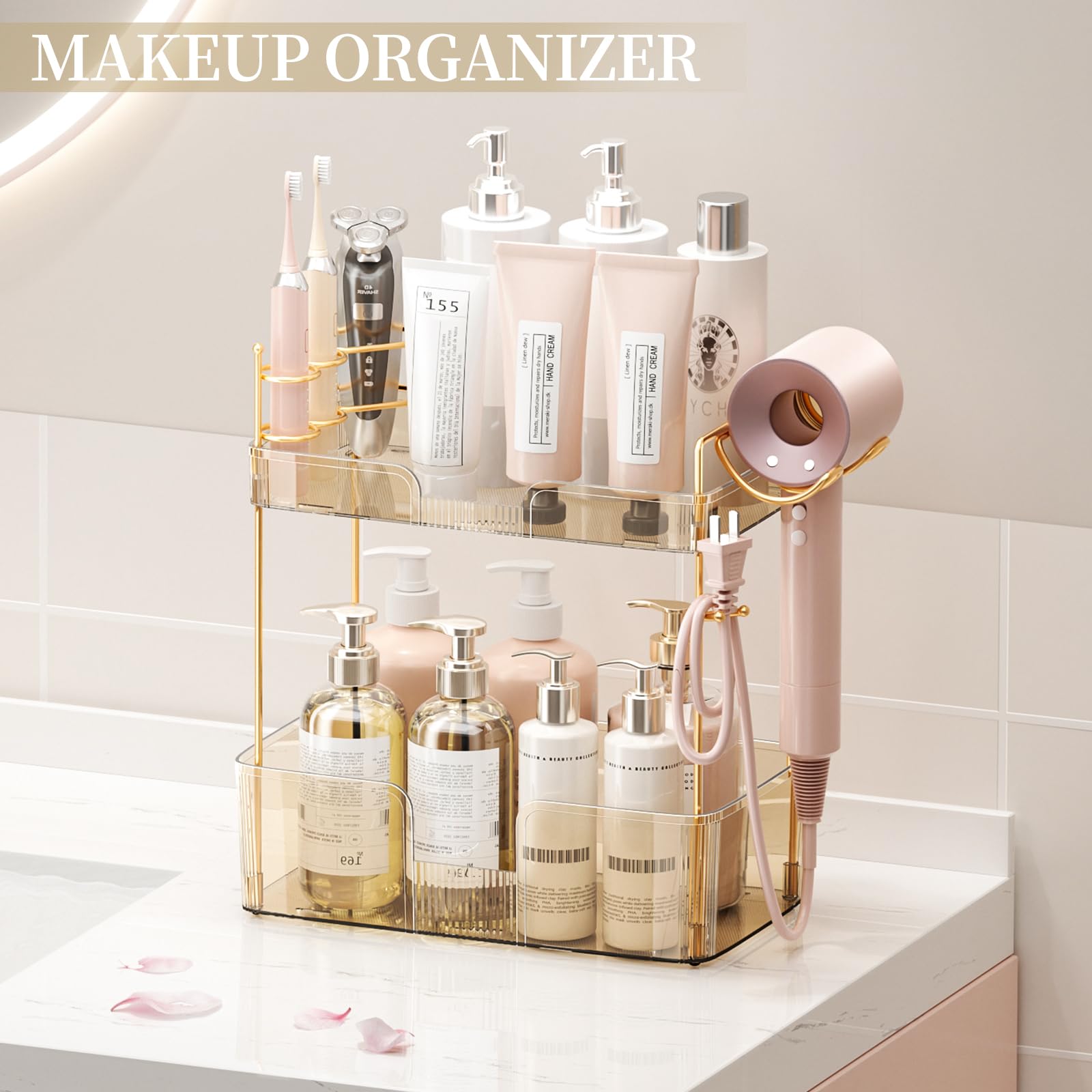 2-Tier Gold Bathroom Organizer with Hair Dryer Holder - Vanity Tray for Makeup & Skincare Storage