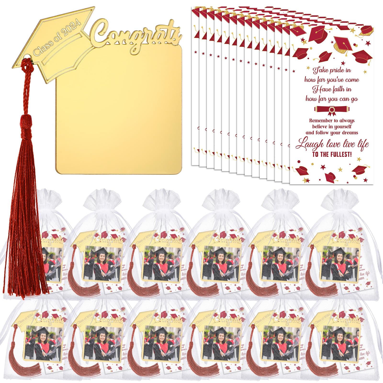 Threehoney 12 Sets Graduation Party Favors Kit - Class of 2024 Graduation Gifts with Magnetic Cap, Acrylic Photo Frame, Mini Tassel & Cards - Perfect for College Seniors, High School Graduation Decor (Red) - Great for Graduation Ceremonies, Parties & Photo Displays
