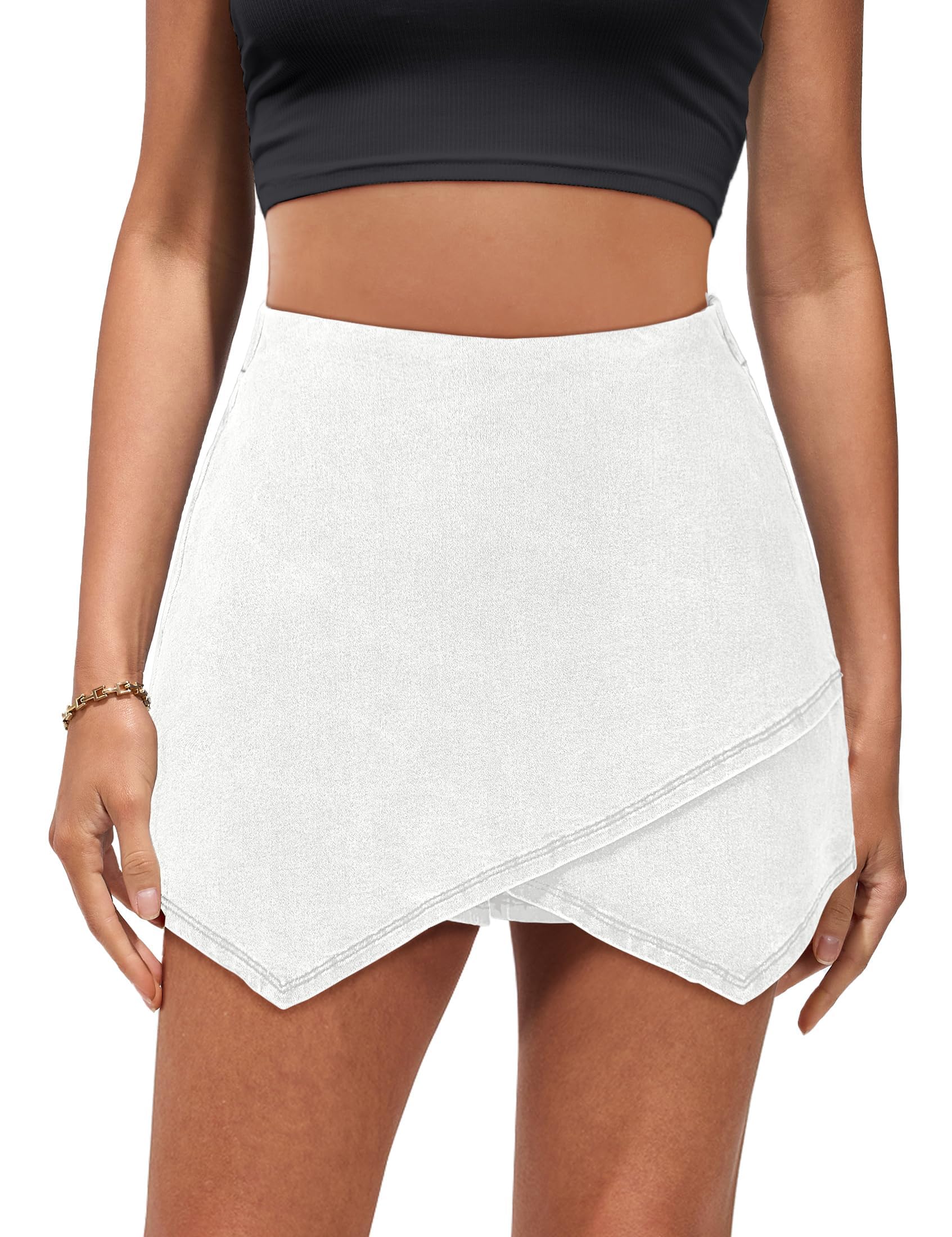 Luvamia High Waisted Stretchy Denim Jean Skorts for Women - Pull On Wrap Skirt with Built-in Shorts, Trendy Asymmetrical Design | Perfect for Casual Outings, Summer Vacations & Outdoor Activities
