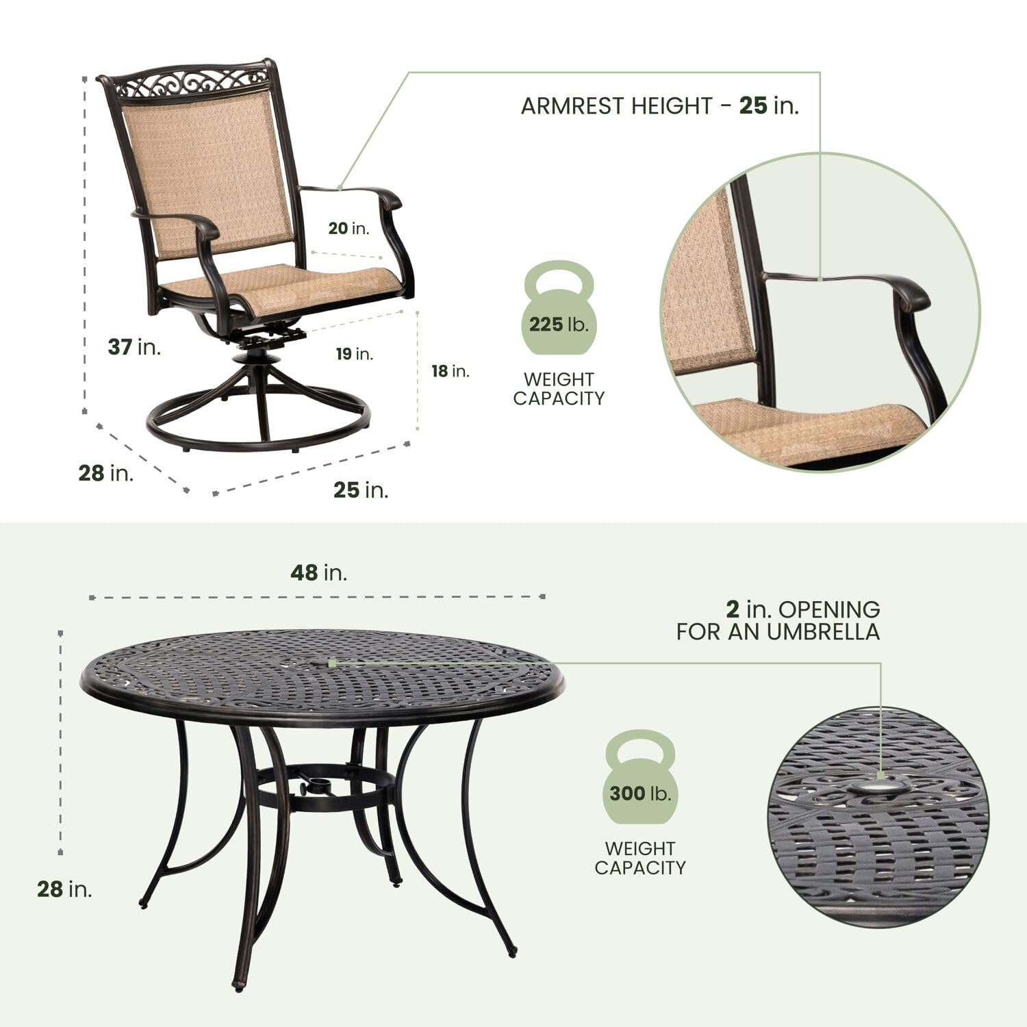 Hanover Fontana 5-Piece Outdoor Patio Dining Set with PVC Tan Sling Swivel Rocker Chairs & 48