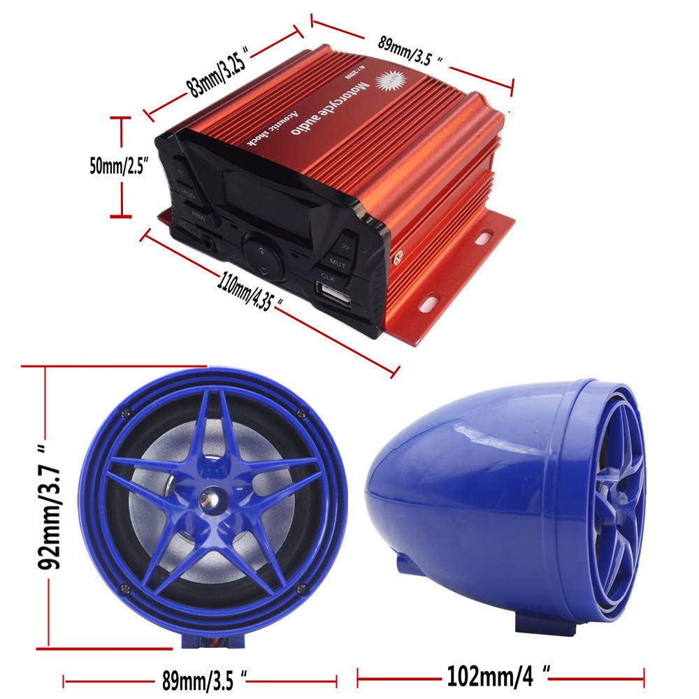 12V Waterproof Bluetooth Amplifier Sound System for Motorcycle, UTV, ATV - 4 Channel 3 Inch Stereo Speakers with FM/USB & Hands-Free Calling - Perfect for Off-Road Adventures & Outdoor Audio Enhancement