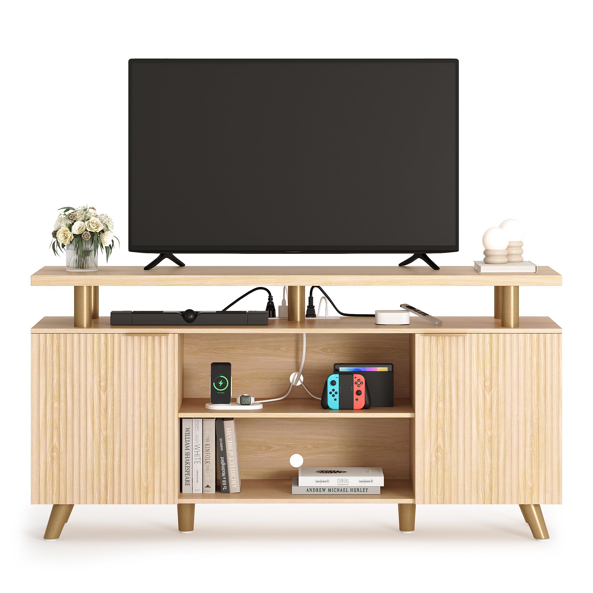 Lulive 65 Inch Fluted TV Stand with Power Outlet & LED Lights - Modern Wood Entertainment Center with 2 Cabinets & 3 Open Shelves - Natural Oak TV Console Table for Living Room (15.7