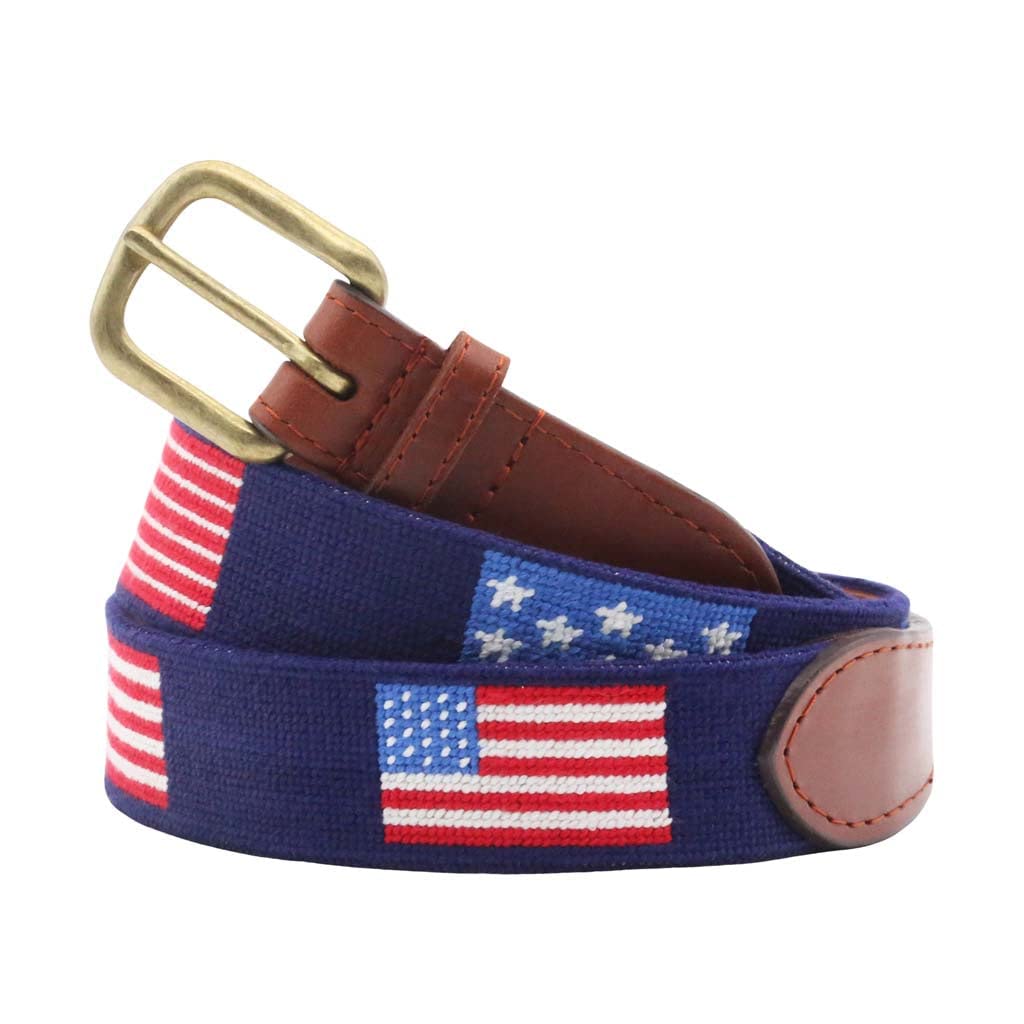 Smathers & Branson Dark Navy Needlepoint Belt - Patriotic Flags of Our Fathers Design | Perfect for Casual Wear, Office & Formal Occasions