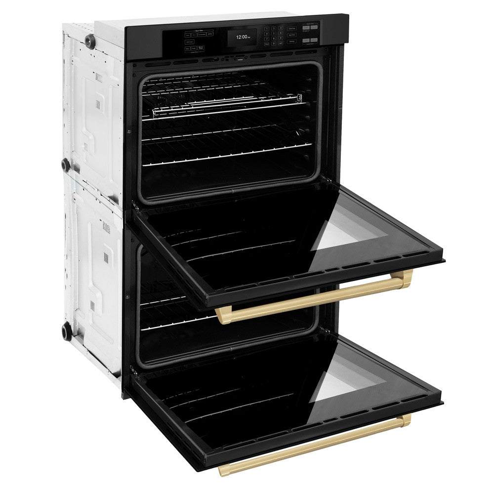 ZLINE Autograph Edition 30-inch Black Stainless Steel Professional Double Wall Oven with True Convection, Air Fry & Self-Clean - Champagne Bronze Handles (WADBZ 30 CB) | Perfect for Home Chefs & Modern Kitchens