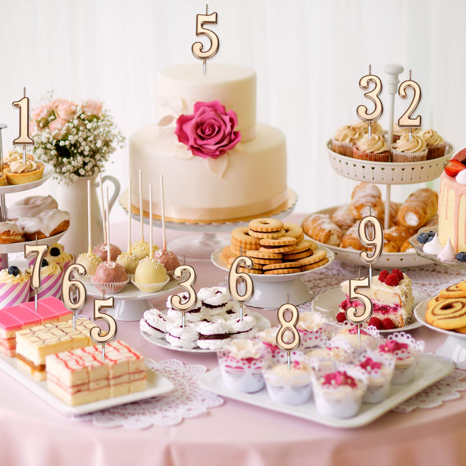 Yaomiao 10pcs Glitter Number Candles 0-9 for Birthday Cake Decorations - Champagne Gold for Party Favors