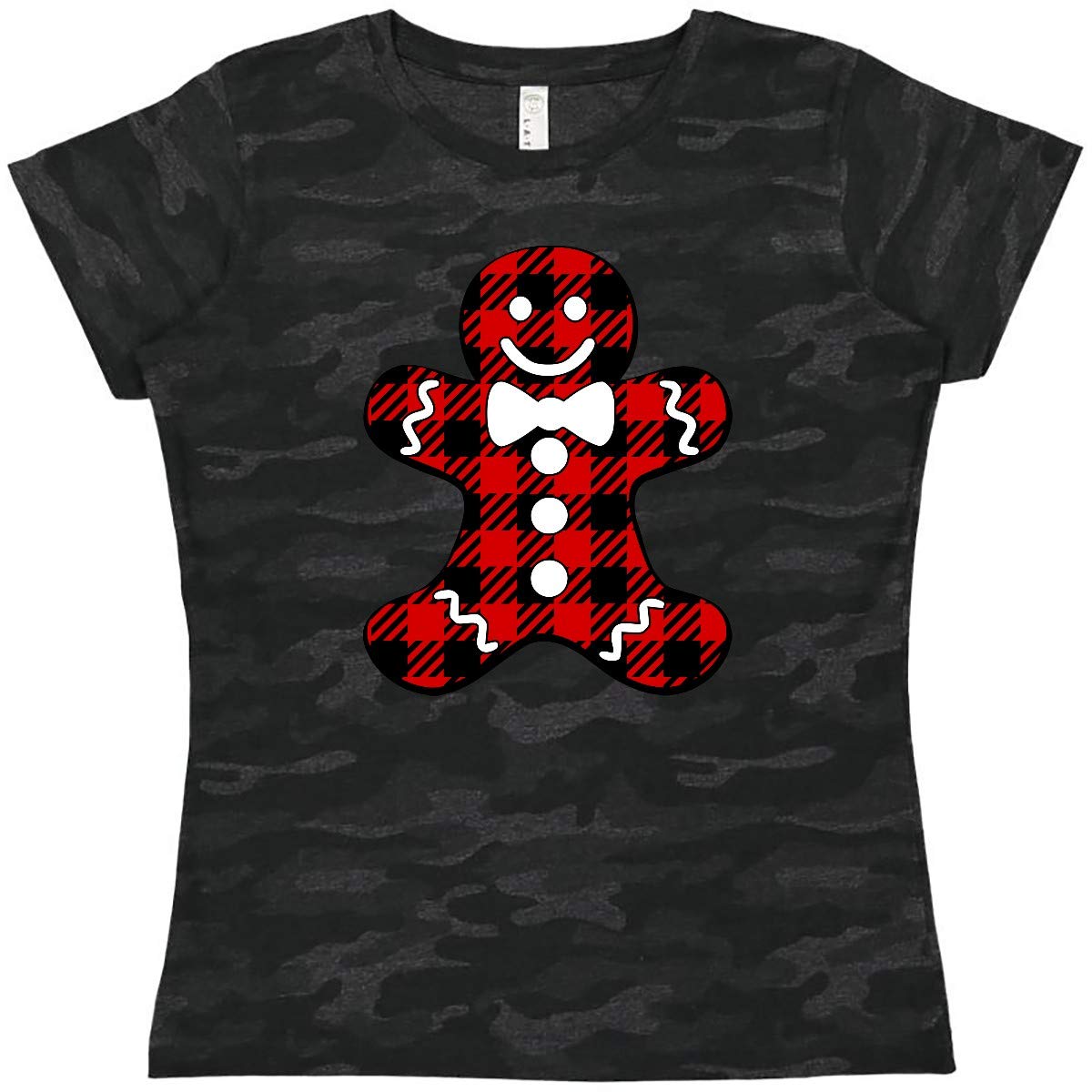Inktastic Buffalo Plaid Gingerbread Man Women's T-Shirt - Christmas Holiday Graphic Tee for Women - Perfect for Ugly Sweater Parties & Festive Family Gatherings