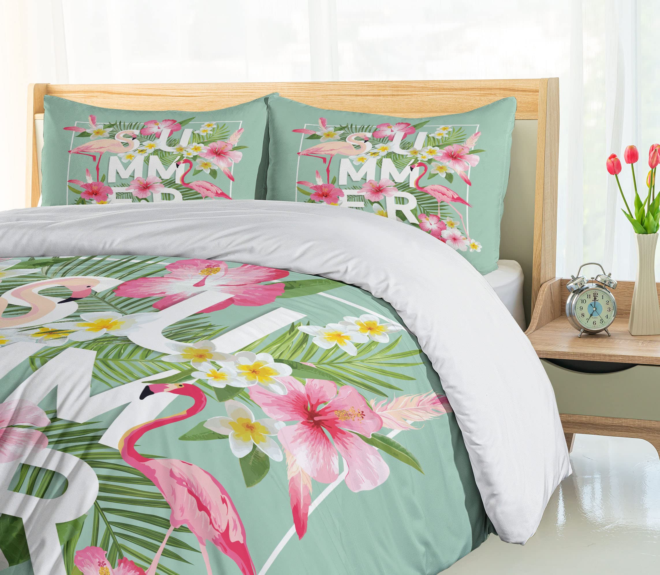 Ambesonne Floral Duvet Cover Set | Tropical Flower & Flamingo Print 3-Piece Bedding | California King Size Mint Green & Pink | Retro Wedding Decor, Bohemian Bedroom, Guest Room Styling