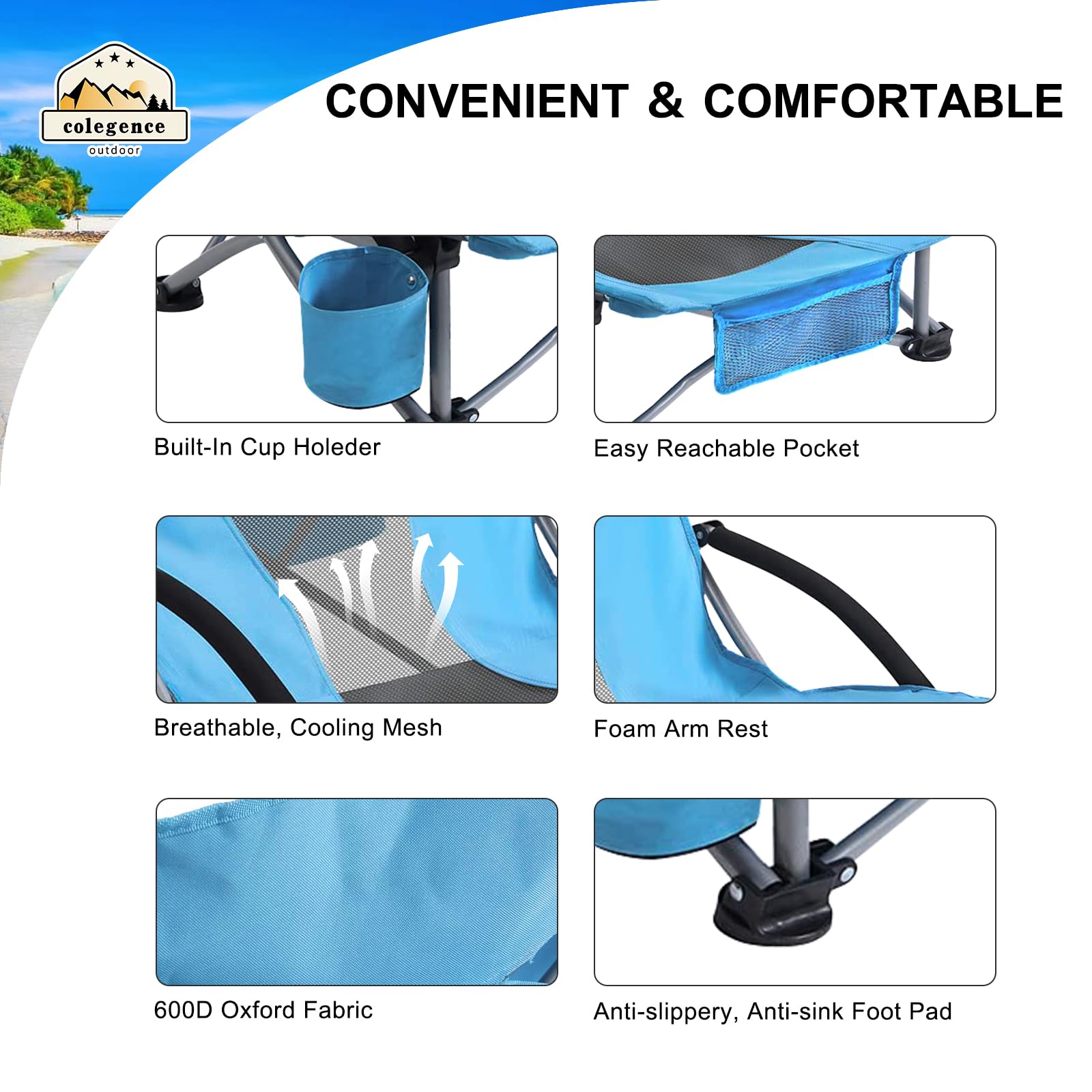 **2 Pack Low Back Camping Chairs - Heavy Duty 300 LBS Capacity, Portable Folding Outdoor Chairs with Carry Bag, Phone Pocket, Cooler & Cup Holder - Ideal for Beach, Picnic, Backyard & Camping (Blue, 2 Pcs)**