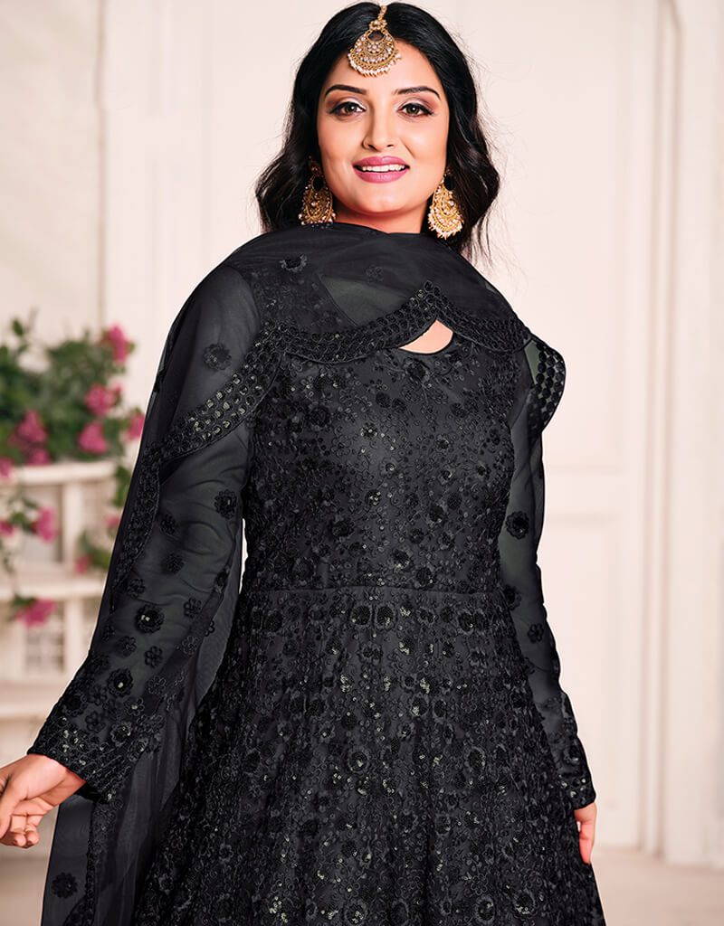 Elegant Black Net Anarkali Dress for Women - Traditional Indian Party Wear for Festivals, Weddings & Special Occasions