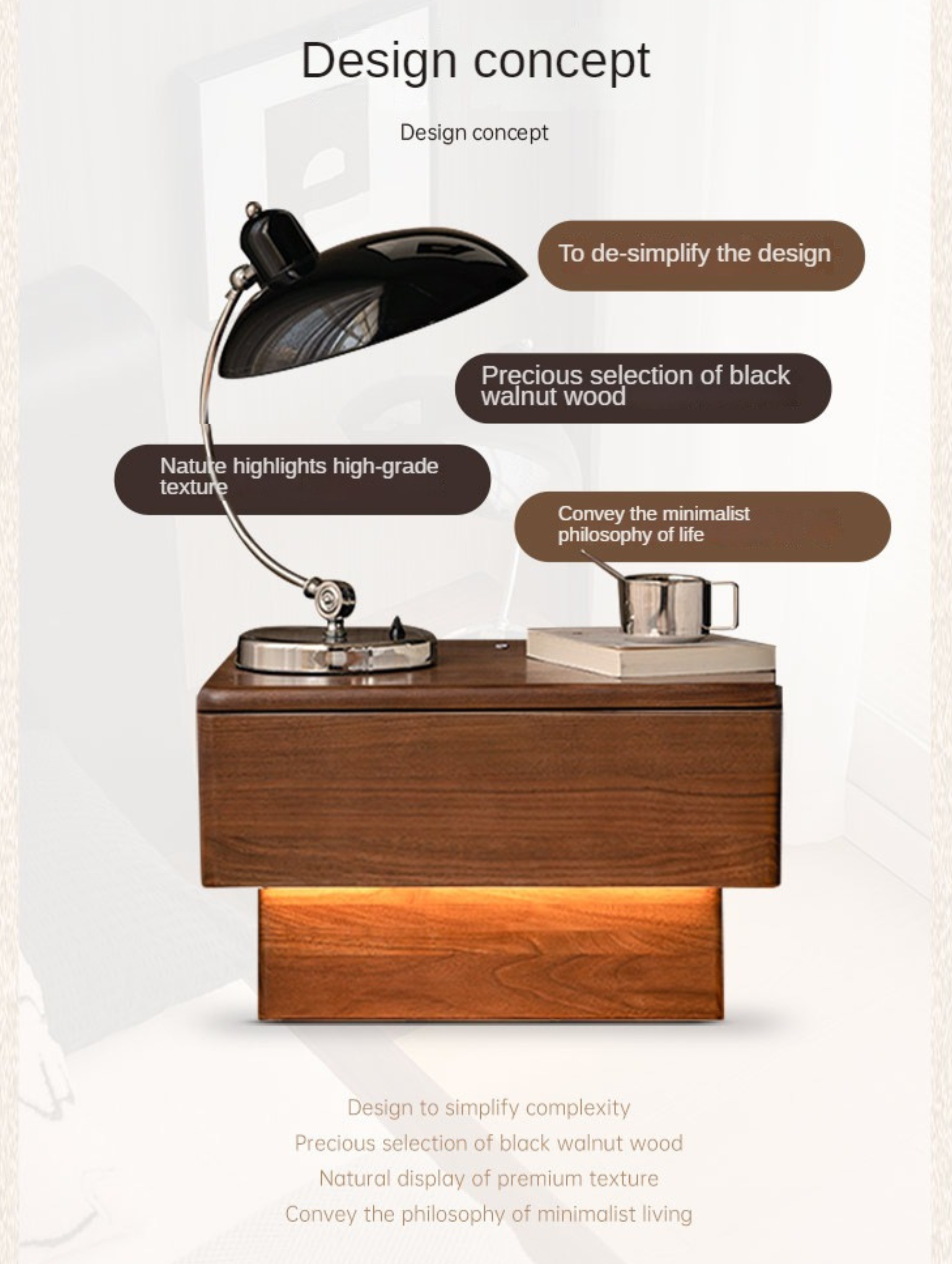 Premium Black Walnut Solid Wood Nightstand with LED Light Drawer - Stylish Bedside Table for Bedroom, Living Room, or Guest Room