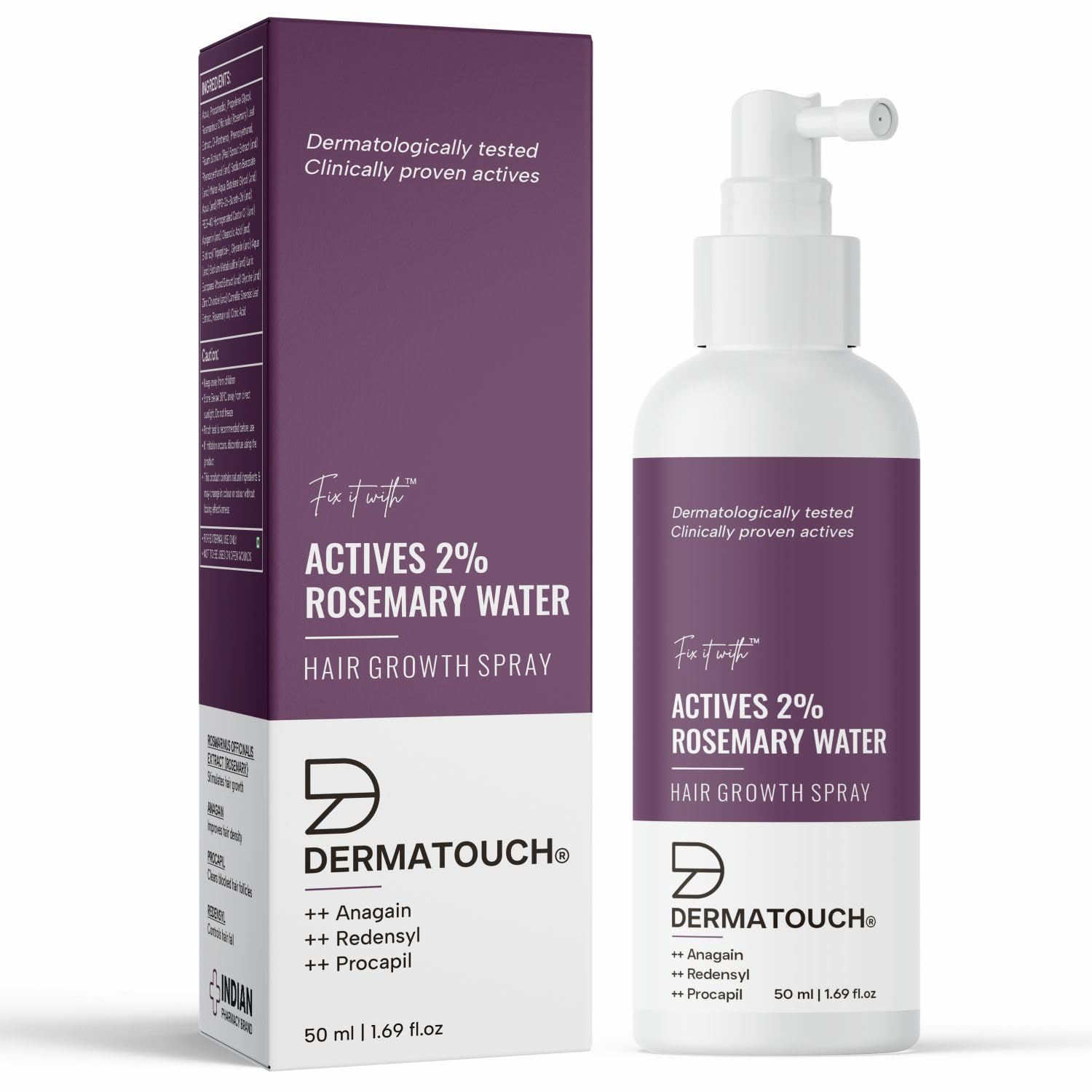DERMATOUCH Rosemary Water Hair Growth Spray (50 ml) - Advanced 2% Actives with Rosemary, Redensyl, Anagain & Procapil | Hair Fall Control Treatment for Thicker, Stronger & Shinier Hair | Daily Use for Women & Men at Home or Salon