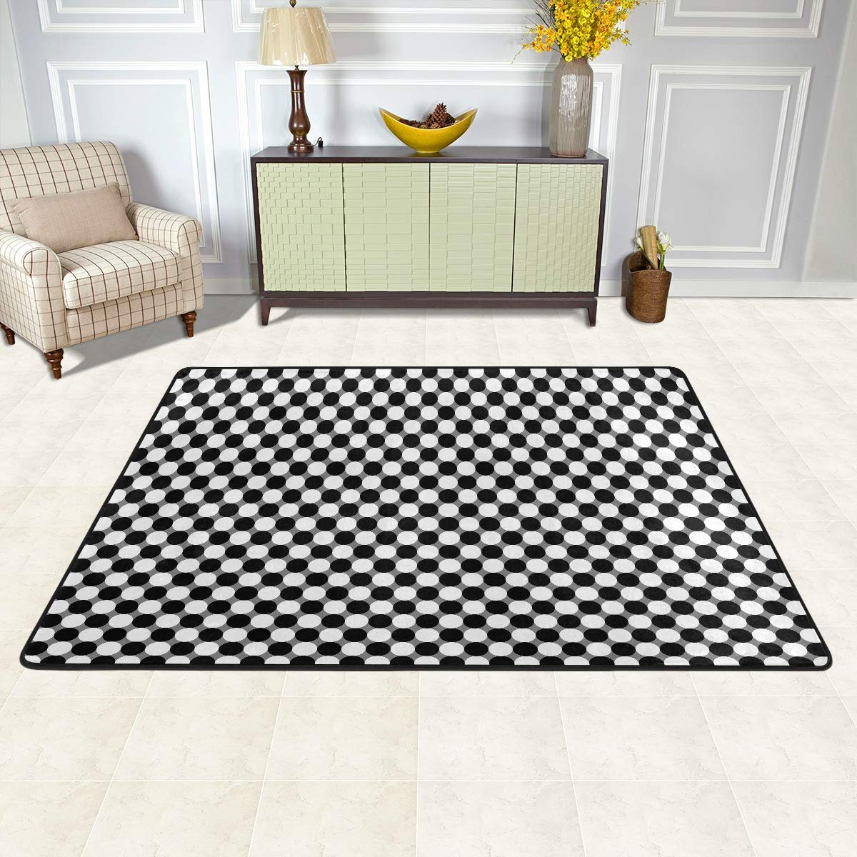 4x6 Black and White Dot Area Rug - Washable Non-Slip Carpet for Bedroom, Living Room, Nursery | Modern Home Decor Floor Mat for Kids Play Area, Dorm, Office