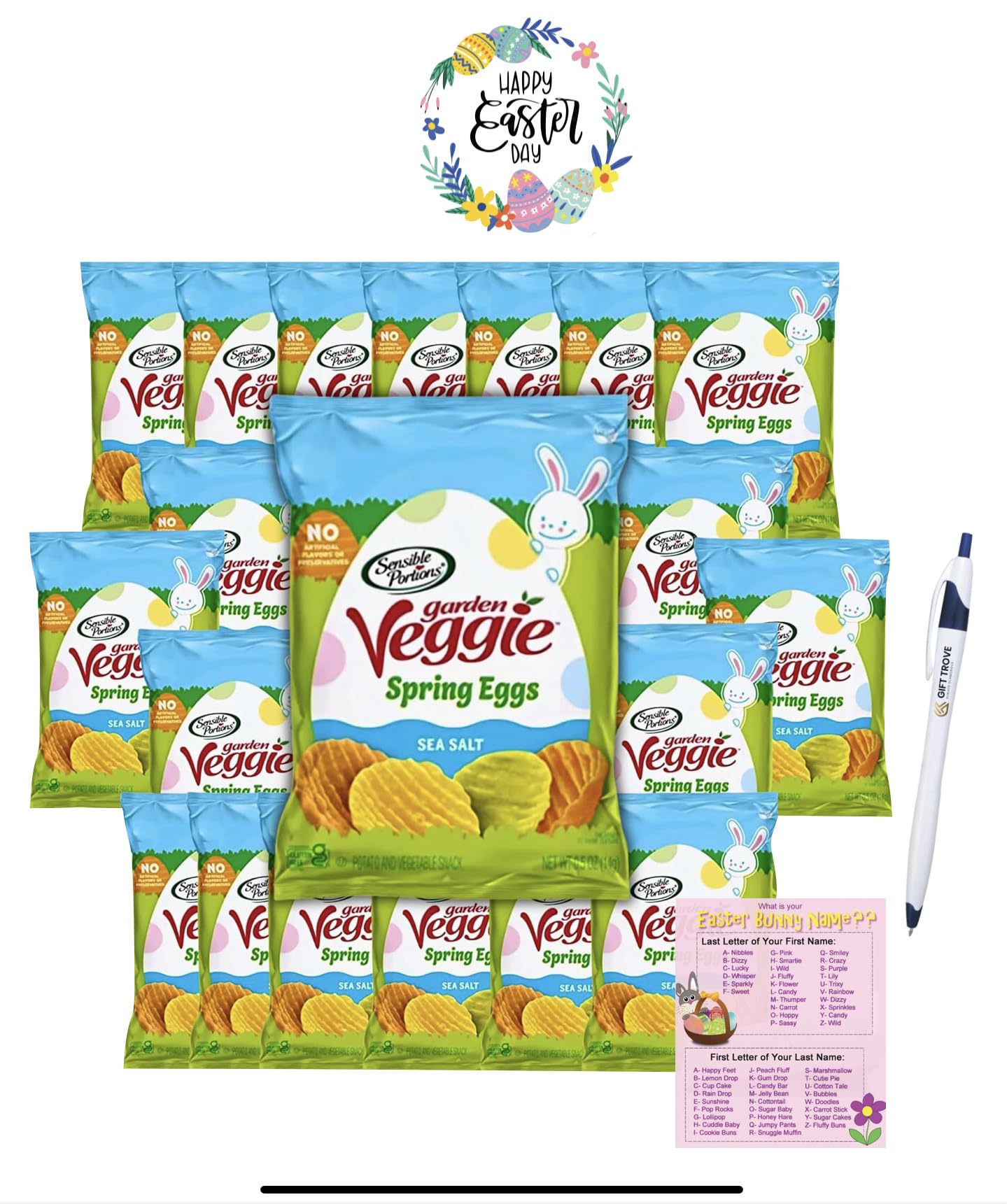 Sensible Portions Garden Veggie Snacks - Spring Eggs Sea Salt Veggie Chips (20 Pack) | Healthy Gluten-Free Snacks for Kids & Adults | Perfect for School Lunches, Office Snacks & Movie Nights