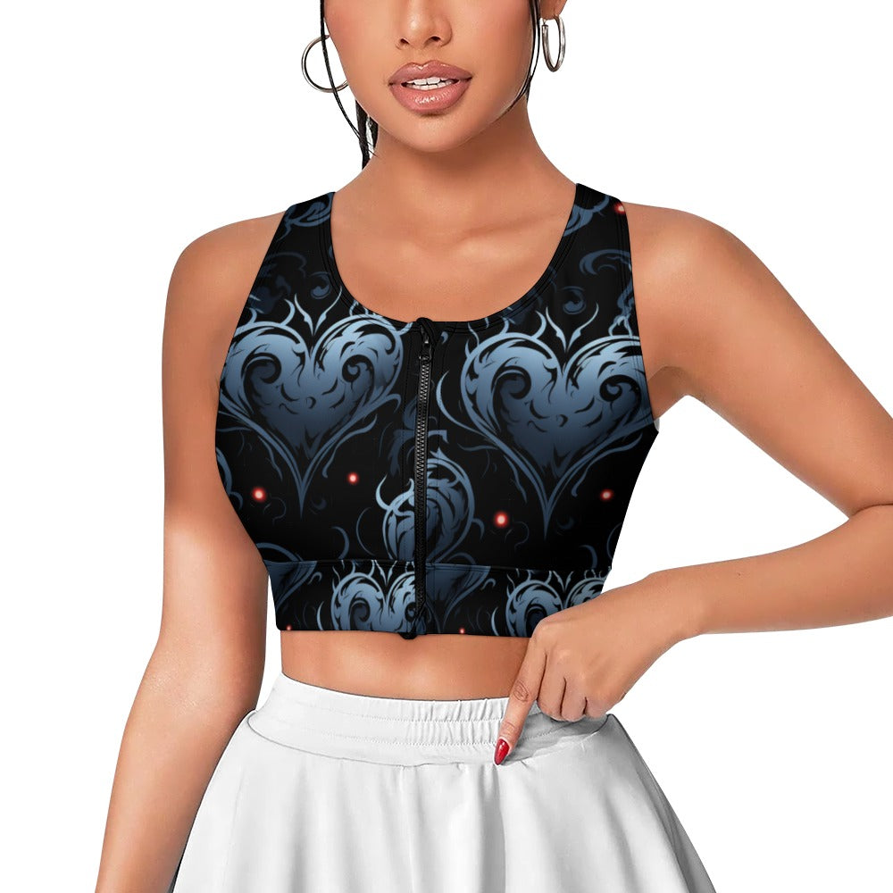 Gothic Blue Hearts Yoga Zipper Vest for Women - Stylish Workout Top with Unique Heart Design - Perfect for Yoga, Gym & Casual Wear