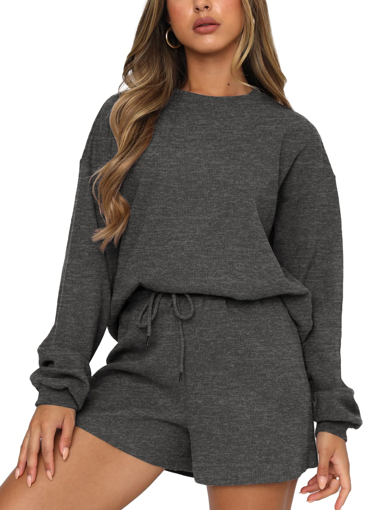 Kissonic Women's Waffle Knit Pajama Set - Long Sleeve Pullover Top & Elastic Waist Shorts with Pocket - Cozy Sleepwear for Lounge, Travel & Home Relaxation