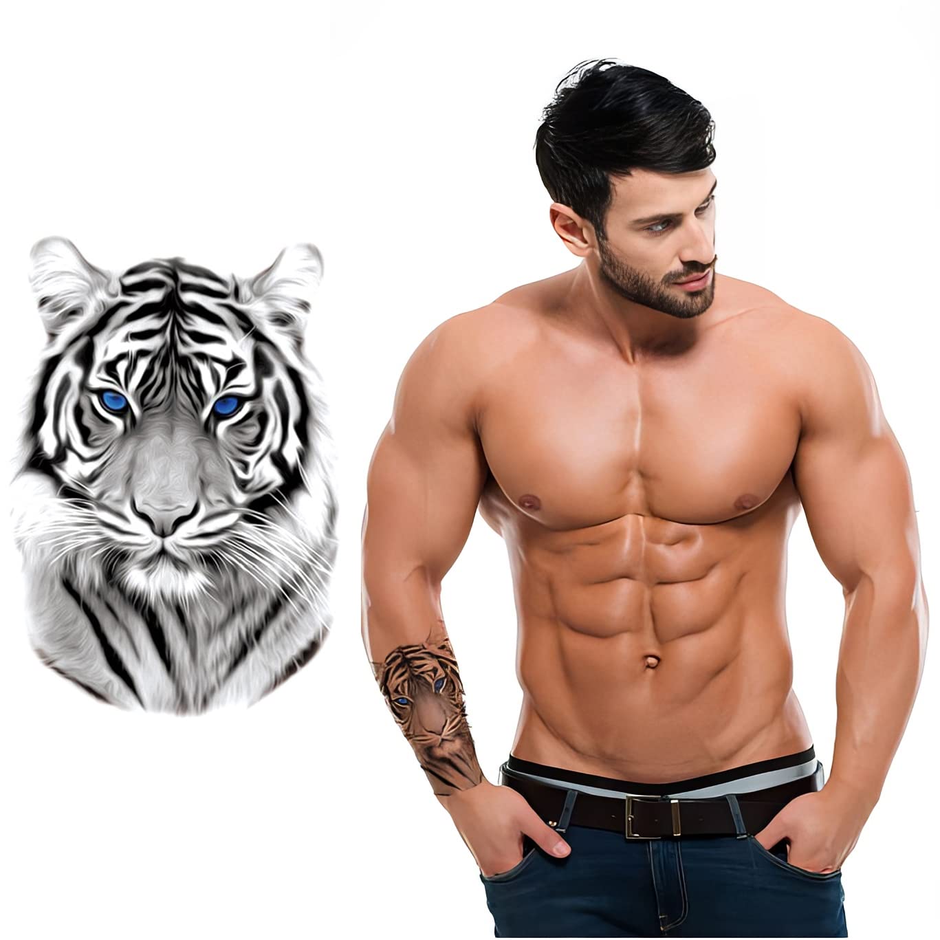 Waterproof Temporary Tattoos - Stunning Tiger with Blue Eyes Design - Long Lasting Body Art for Men & Women - Perfect for Parties, Festivals and Special Occasions