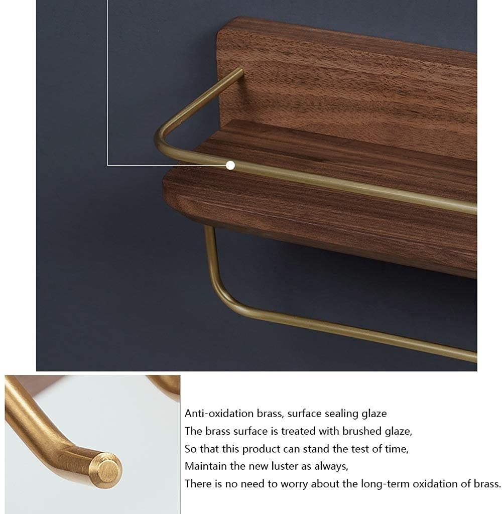 Black Walnut Towel Bar with Brass Double Bar - Wall Mounted Bathroom Towel Rack & Storage Shelf | Space Saving Hanger for Small Bathrooms & Spa Style Decor