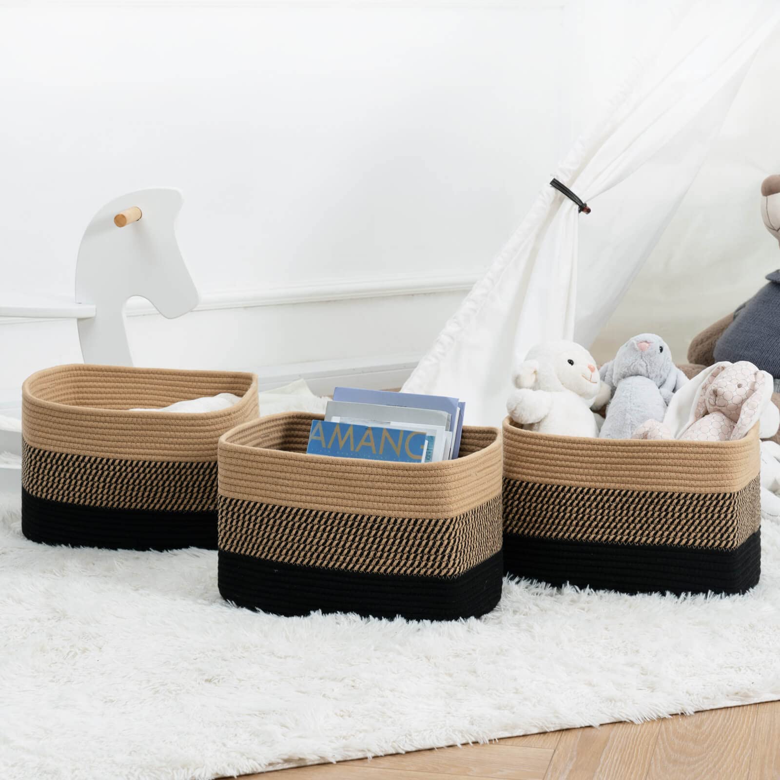Goodpick Woven Rope Storage Baskets Set of 3 - Organizer Bins for Books, Toys, Towels | Shelf, Closet & Nursery Organization | Decorative Medium Cube Baskets in Black | Perfect for Home, Office & Kids Room Storage