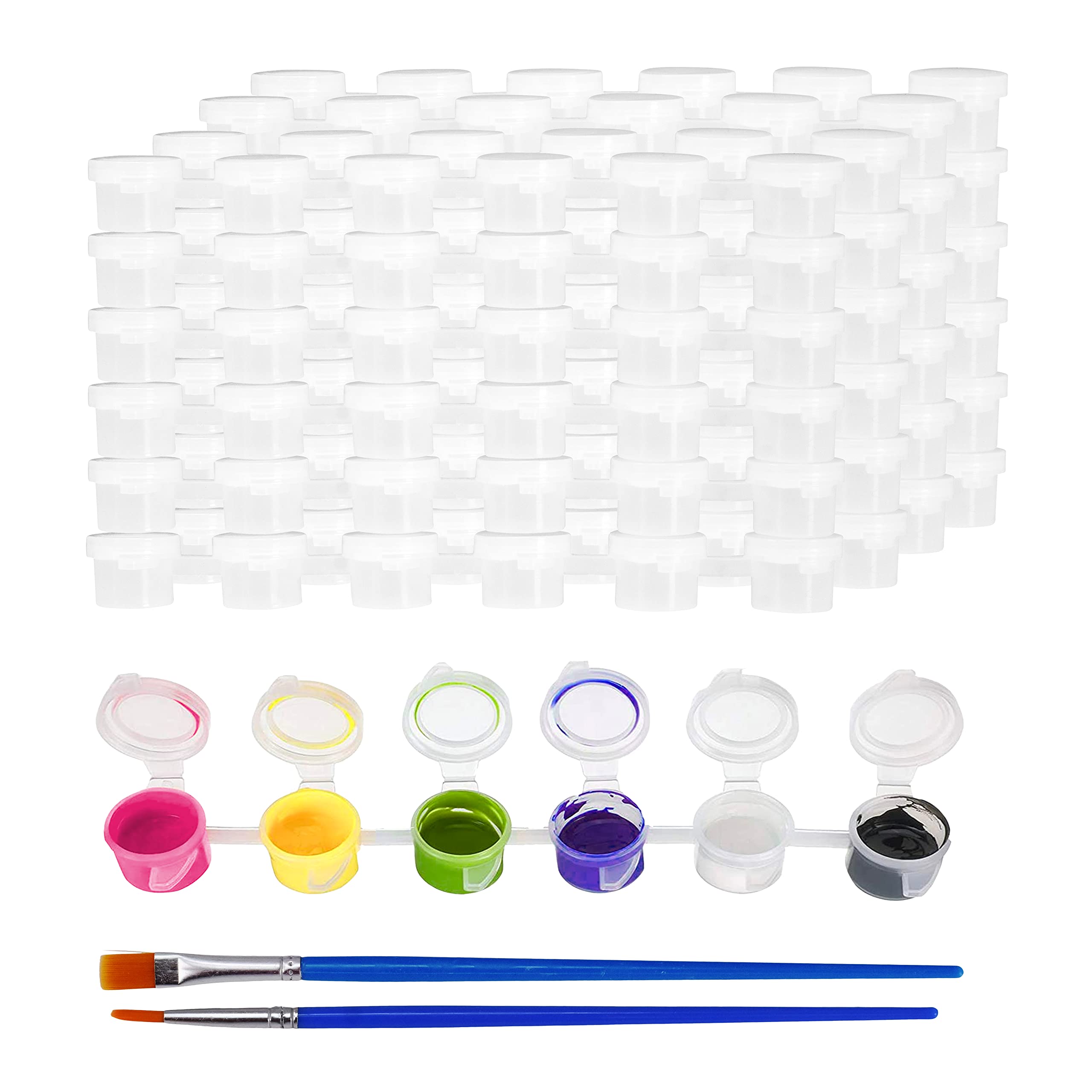 150 Pcs 3ml Empty Acrylic Paint Pots with Lids - 25 Mini Paint Pot Strips & 40 Brushes - Clear Plastic Paint Containers for Art, DIY Crafts, Nail Art, Model Painting & School Projects