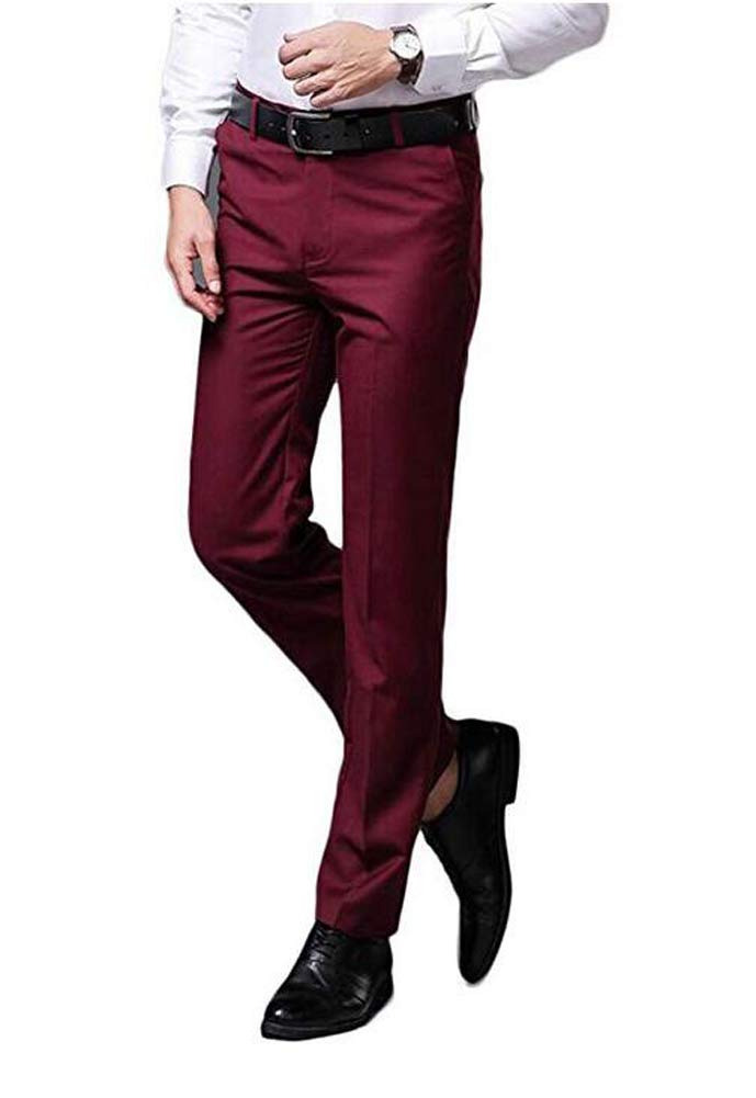 Men's Classic Dress Pants - Flat Front Suit Pants | Wrinkle-Free & Comfortable Business Casual Trousers in Burgundy | Perfect for Office, Weddings & Formal Events