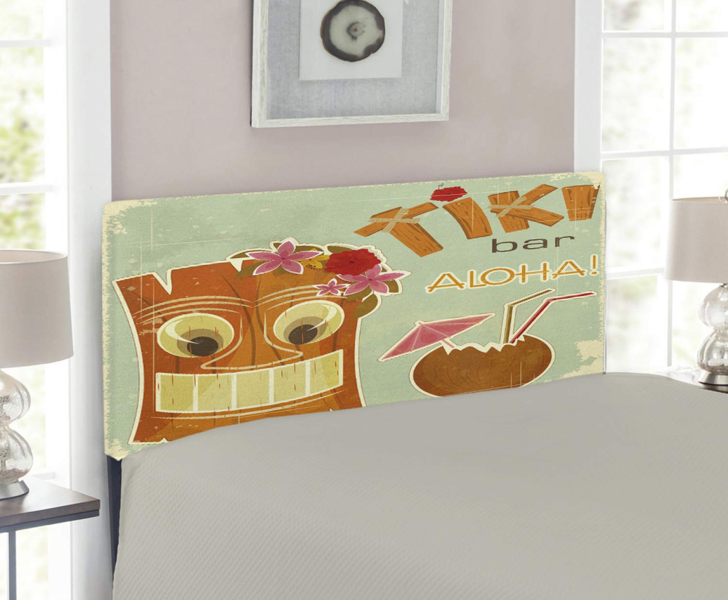 Ambesonne Tiki Bar Headboard - Tropical Coconut Drink & Flowers Print Upholstered Metal Bed Frame with Memory Foam, Twin Size, Multicolor - Perfect for Beach Themed Bedrooms & Hawaiian Decor