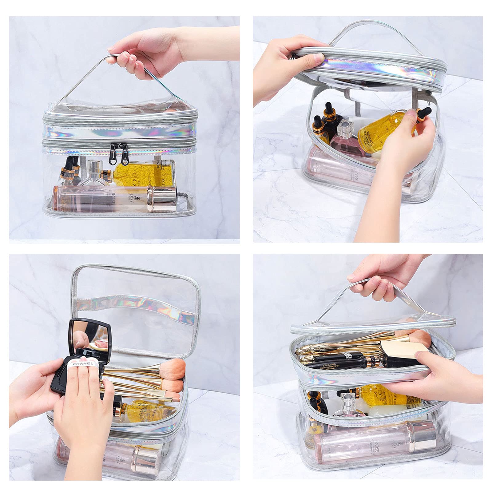 Clear Cosmetic Bag Dual Layer Travel Toiletry Organizer - Waterproof Makeup Brush Holder for Women | Perfect for Travel, Gym & Daily Essentials Storage