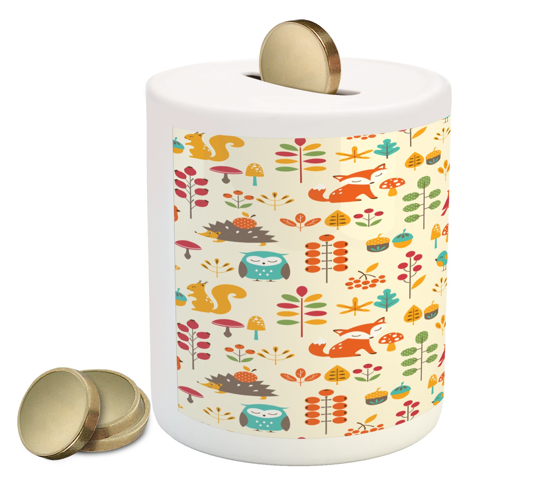 Ambesonne Ceramic Piggy Bank - Cute Cartoon Animal Design with Autumn Leaves, Owl, Fox, Squirrel & Birds Print - 3.6