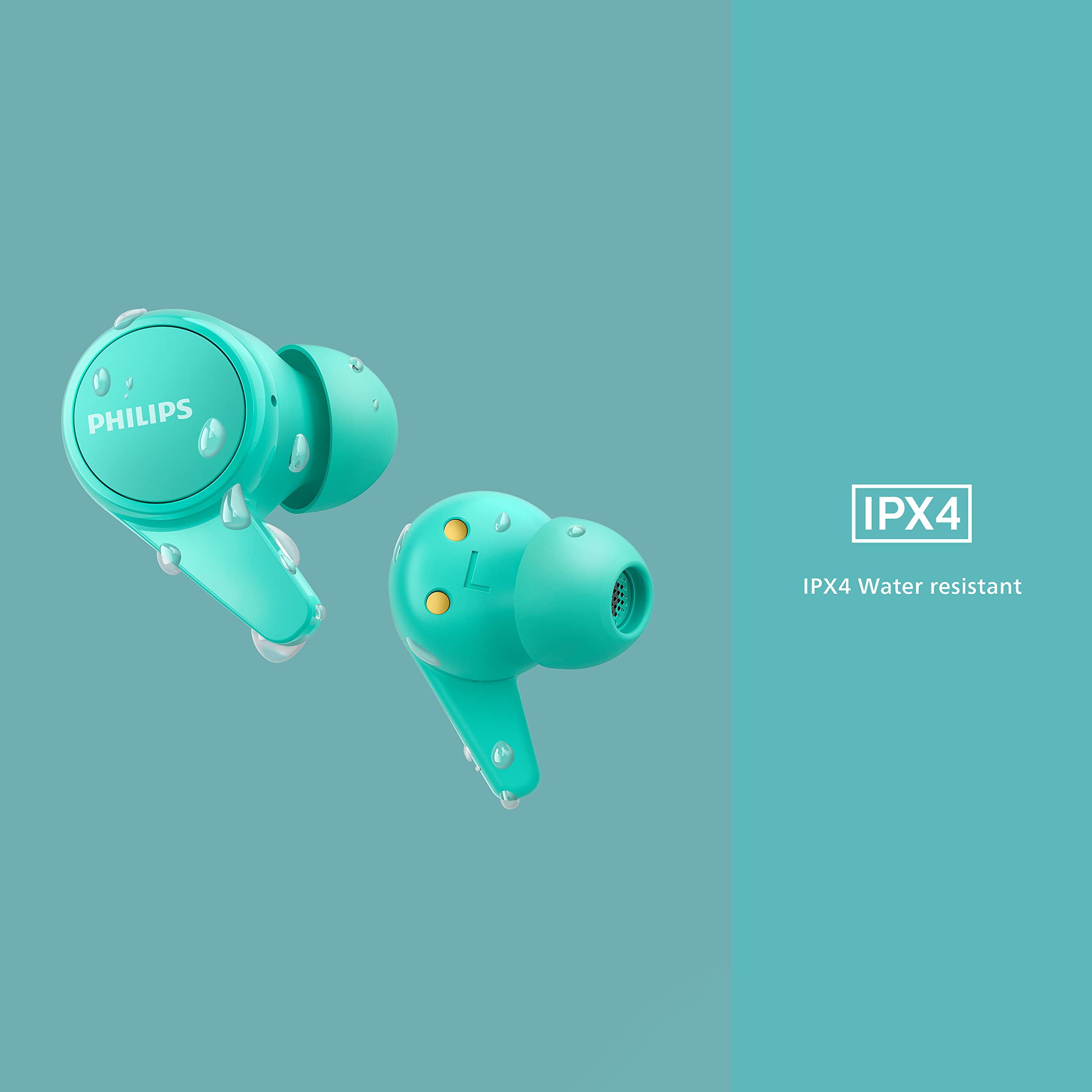 PHILIPS T1207 True Wireless Earbuds - 18H Playtime, IPX4 Waterproof, Bluetooth 5.0, Noise Cancelling Headphones for Running, Gym, Workout & Travel (Teal)