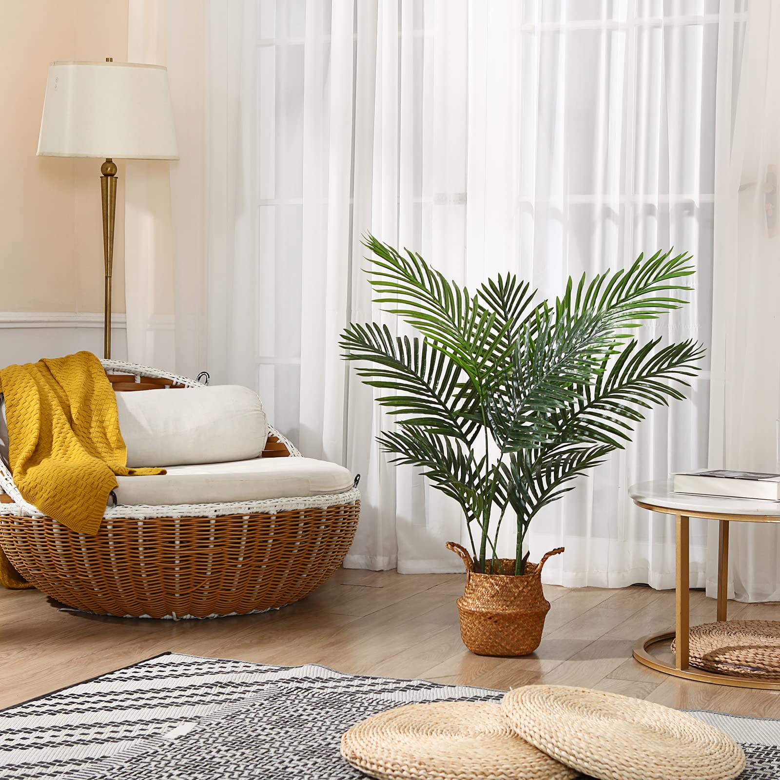 3.6 Ft Artificial Areca Palm Tree with 10 Trunks - Tropical Faux Dypsis Lutescens in Woven Seagrass Basket & Black Pot - Perfect for Home, Office, Indoor & Outdoor Decor - Great for Living Room, Patio, Balcony or Commercial Spaces
