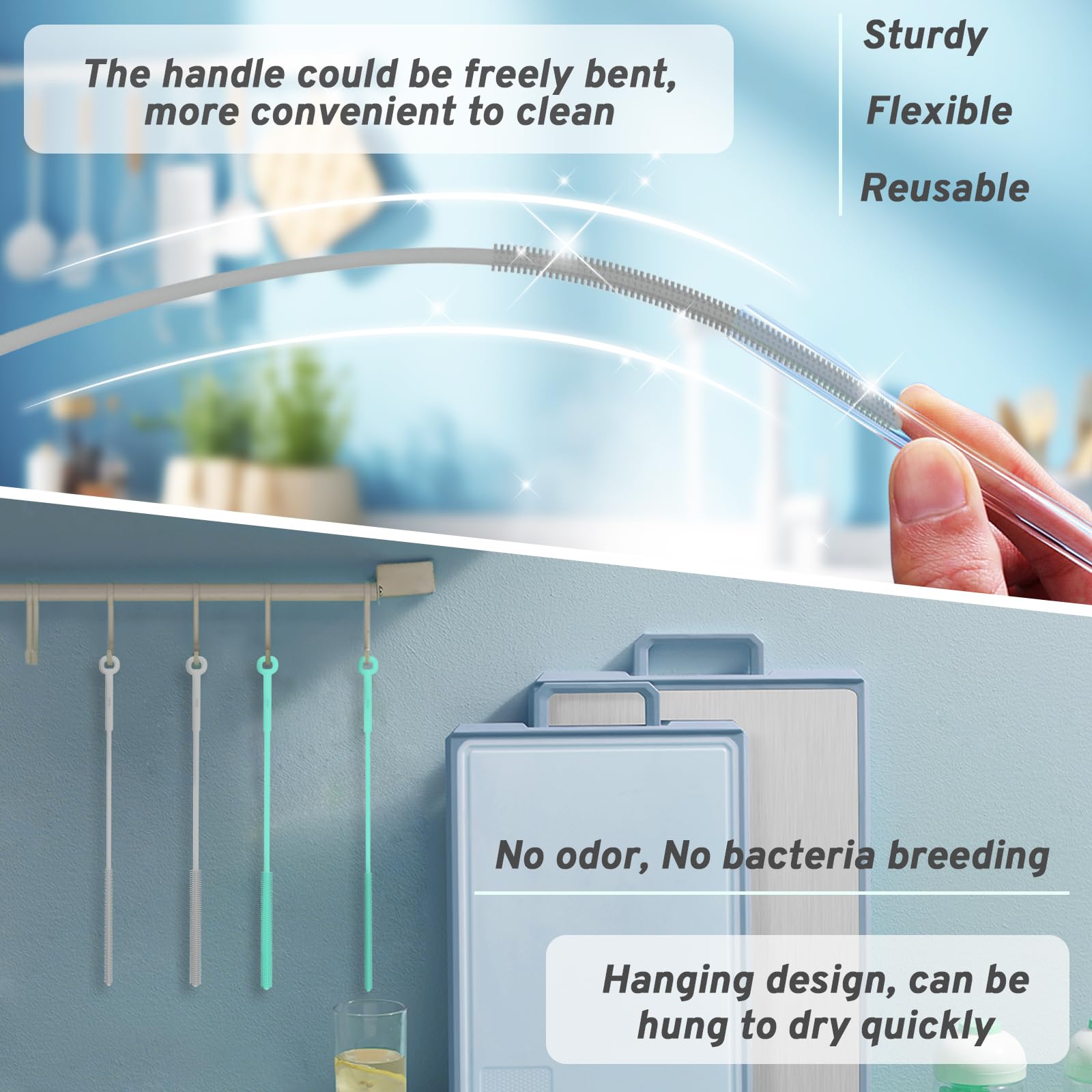 Eco-Friendly Reusable Silicone Straw Cleaner Brush - Extra Long Pipe Cleaner for Metal, Glass & Plastic Drinking Straws, Smoothie Straws & Bottle Lids - Perfect for Home, Office, Travel & Camping Use