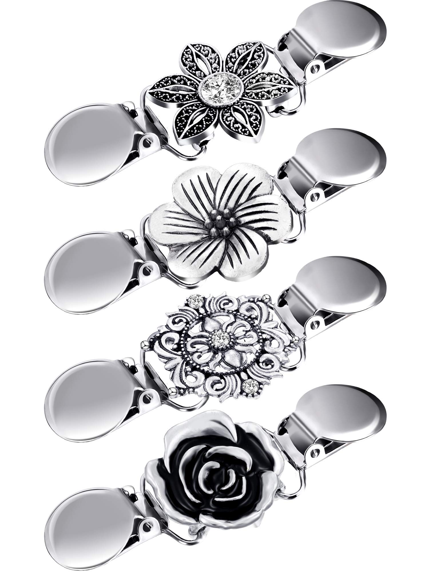 Vintage Sweater Shawl Clips for Women - 4 Piece Set with Retro Cardigan Collar & Dress Shirt Brooch Clips - 4 Elegant Styles for Layering Outfits, Office Wear & Special Occasions