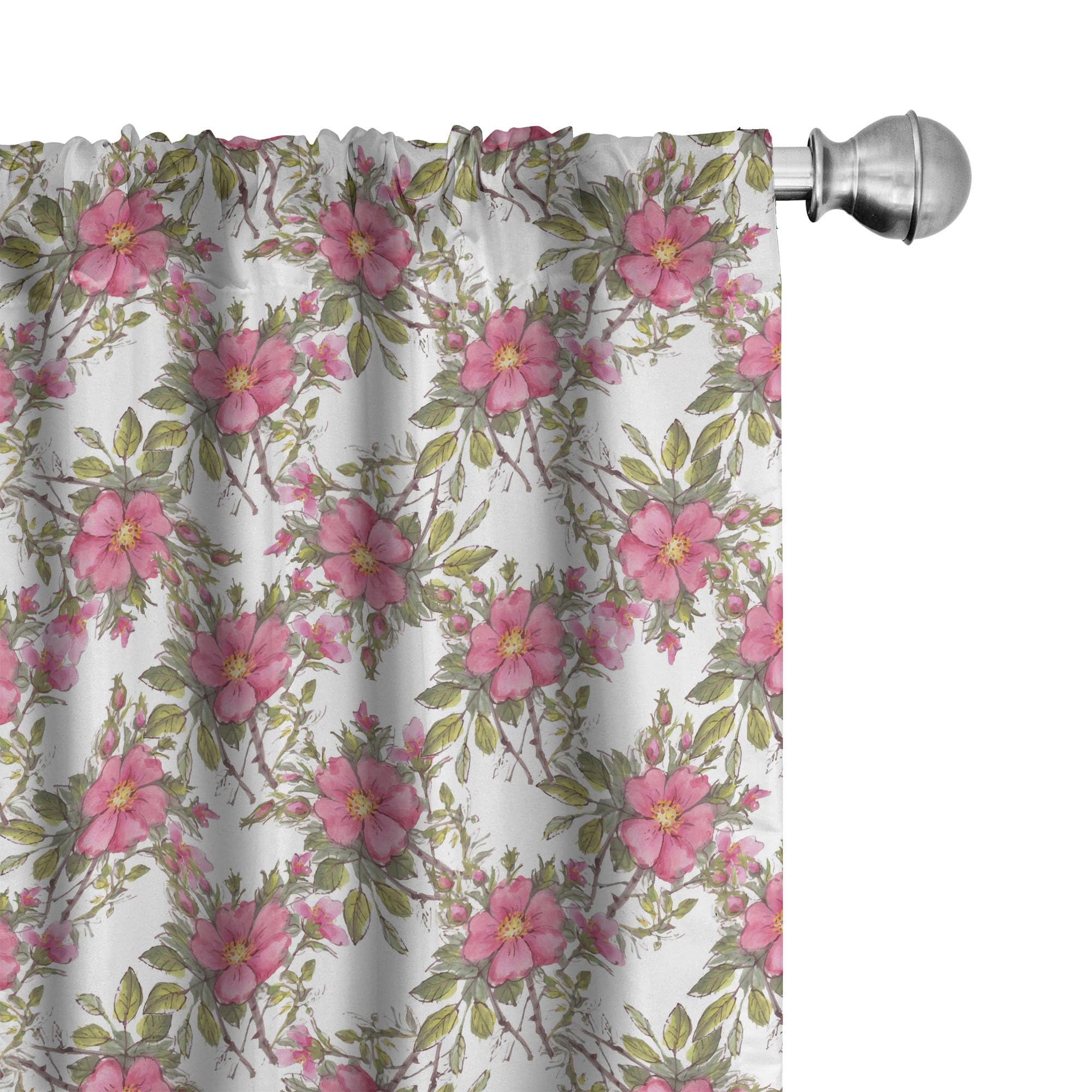 Ambesonne Floral Window Curtains - Watercolor Dog Rose Garden Design with Leaves & Buds, Lightweight Home Decor 2-Panel Set with Rod Pocket (28