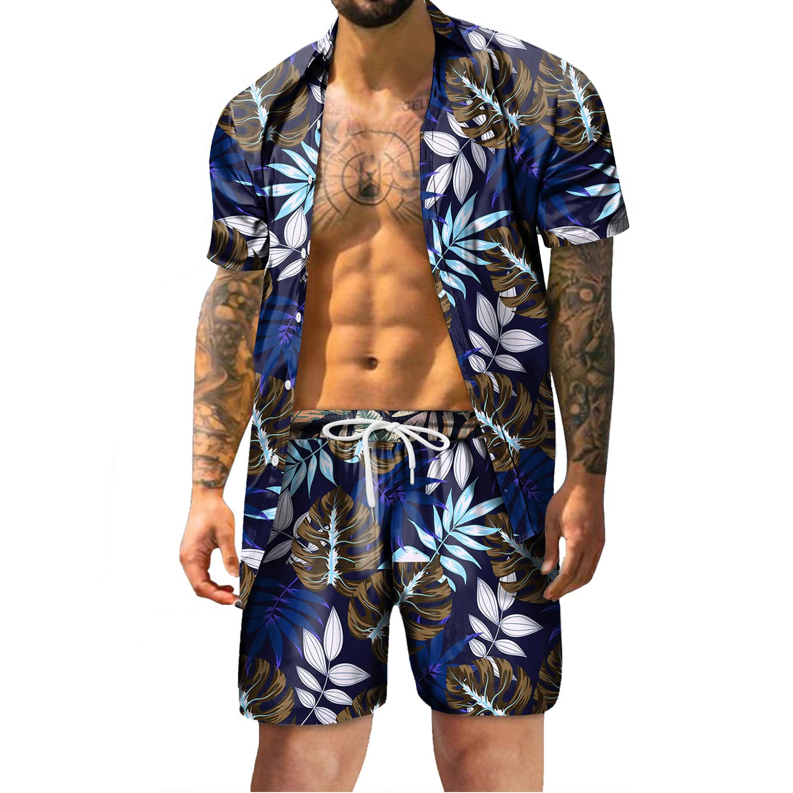 STYR Men's 2-Piece Summer Outfit - Hawaiian Beach Short Sleeve Shirt & Shorts Set with 3D Digital Print | Gym, Vacation & Casual Wear for Seaside Holidays