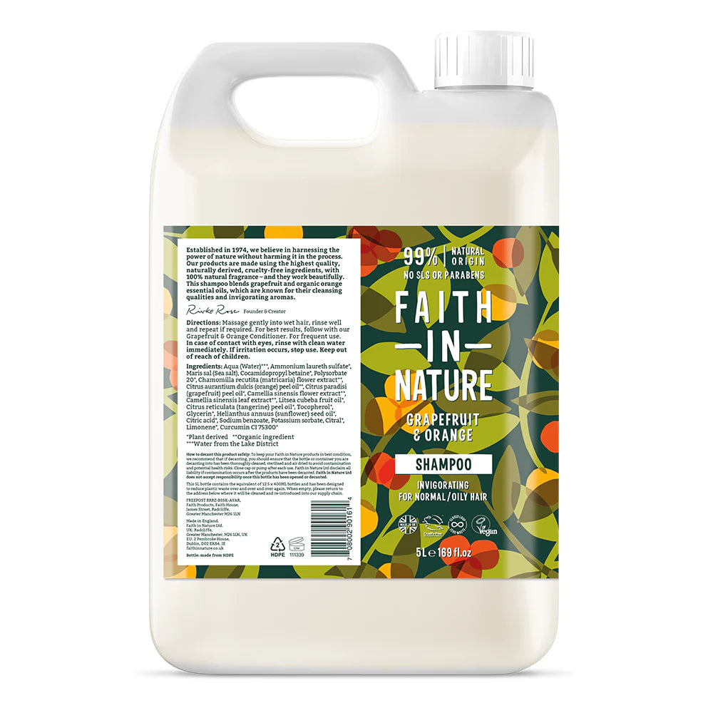 Faith In Nature Grapefruit & Orange Shampoo Refill 5L - Natural Vegan Hair Care for All Hair Types - Perfect for Home, Salon & Eco-Friendly Bathrooms