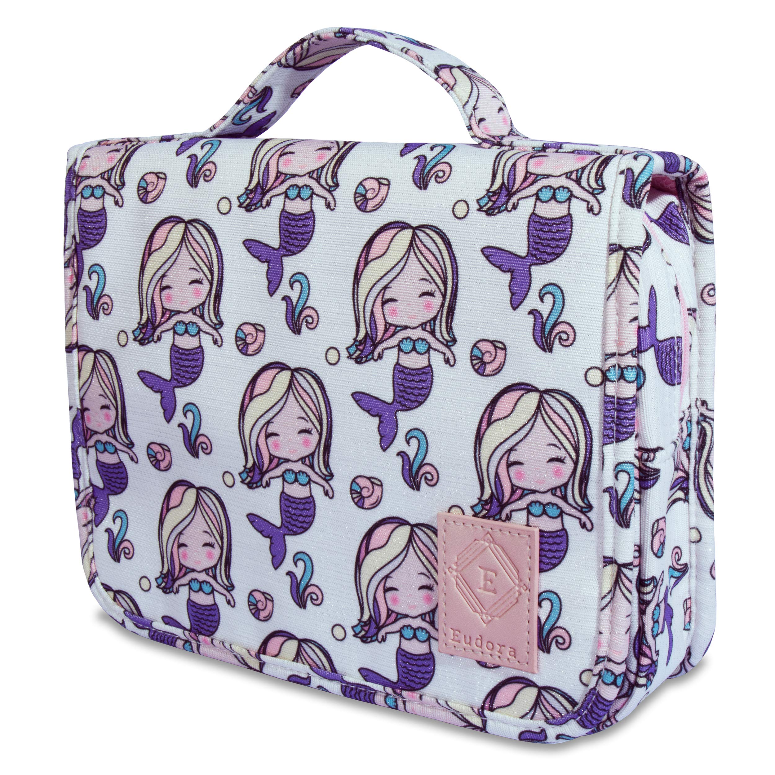 Eudora Hanging Travel Toiletry Bag for Women - Waterproof Cosmetic Shower Bag with Large Capacity & 360° Rotatable Hook - Perfect for Travel, Gym, Beach & Bathroom Organization (Pink Glitter Mermaid Design)
