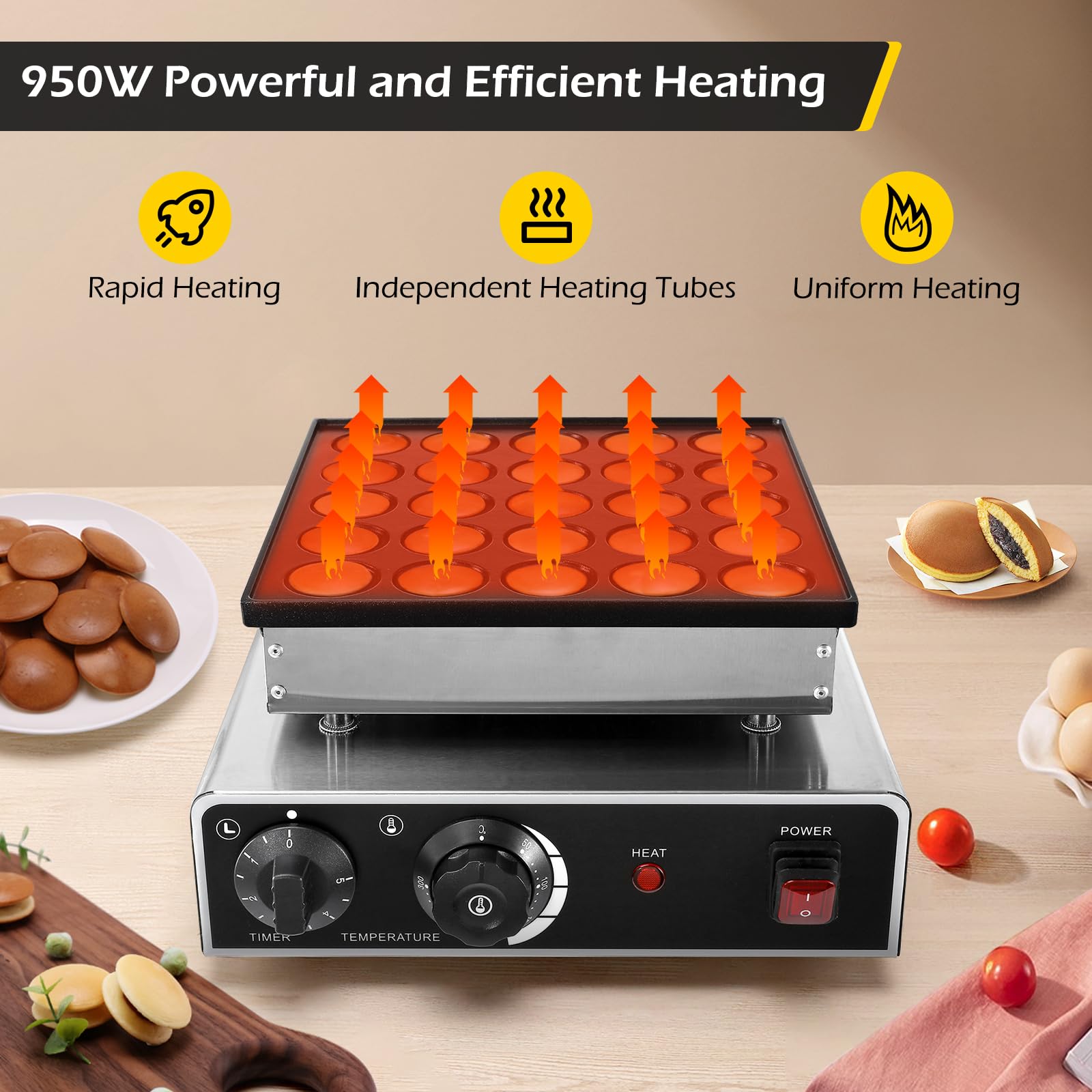 Dyna-Living Commercial Electric Mini Dutch Pancake Maker - 950W Non-Stick Dorayaki Baker Machine with 25PCS Accessories for Home Kitchen | Perfect for Breakfast, Brunch, Cafes & Dessert Shops