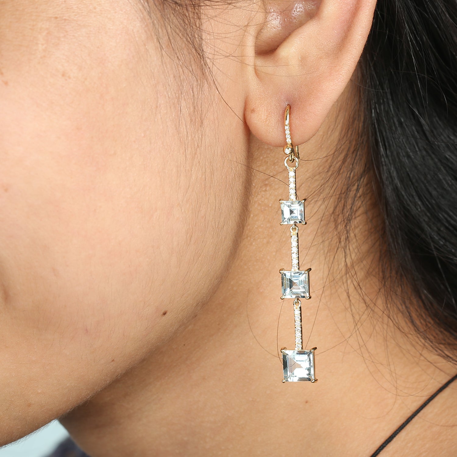 18K Yellow Gold Prong Square Cut Aquamarine Pave Diamond Wedding Dangle Earrings - Elegant Bridal Jewelry for Weddings, Anniversaries & Special Occasions