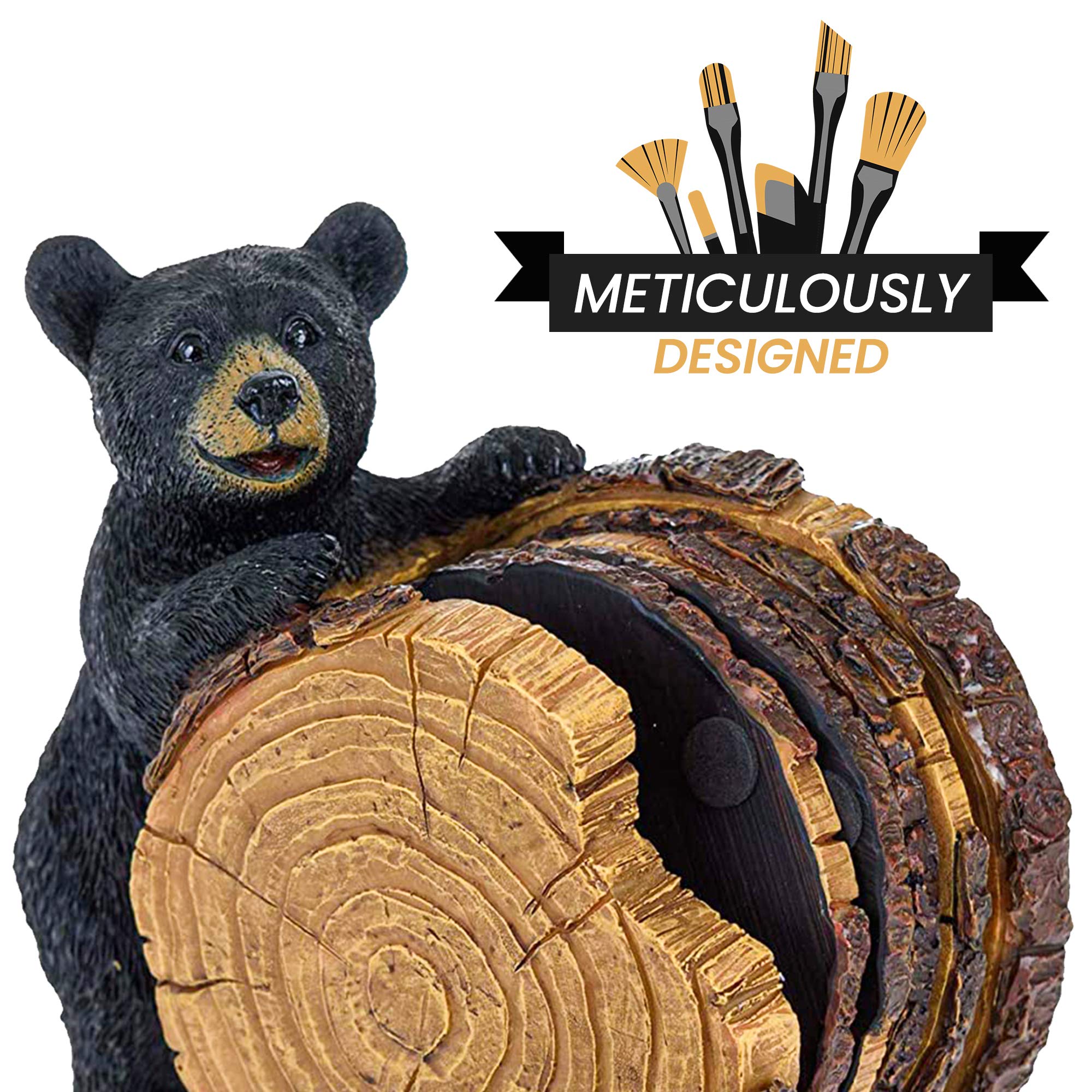 Black Bear Stump Coaster Set - 5-Piece Bear-Themed Drink Coasters with Holder - Rustic Cabin Decor for Kitchen, Dining Room & Home - Perfect Gift for Women, Birthday & Housewarming - Ideal for Coffee Tables, Bars & Outdoor Entertaining