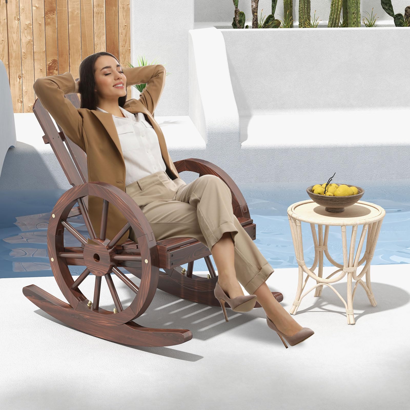 KINTESS Wooden Wagon Rocking Chair - Outdoor Patio Rocker with Armrests for Garden, Porch & Backyard Relaxation (1 Set) - Perfect for Reading, Sunbathing & Enjoying Nature