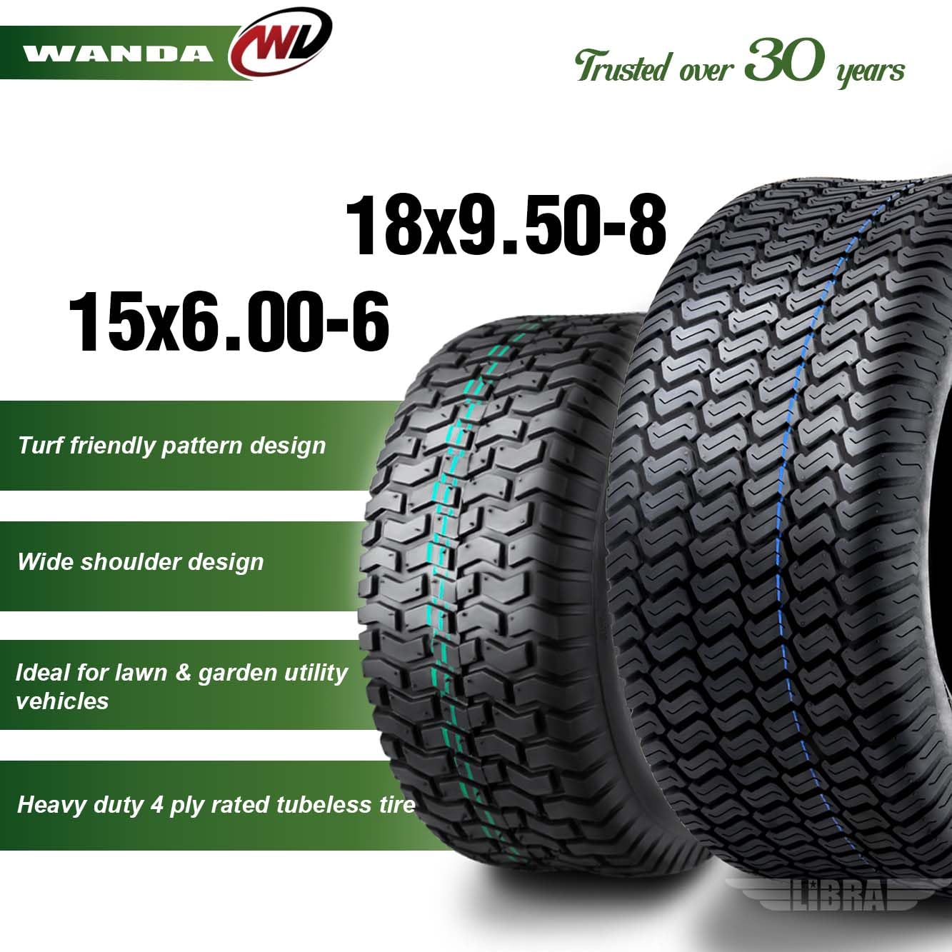 WANDA Set of 4 Lawn Mower Tires - 15x6-6 Front & 18x9.5-8 Rear 4PR Turf Tires (Fits Most Riding Mowers & Tractors) - Perfect for Golf Courses, Parks & Residential Lawn Care