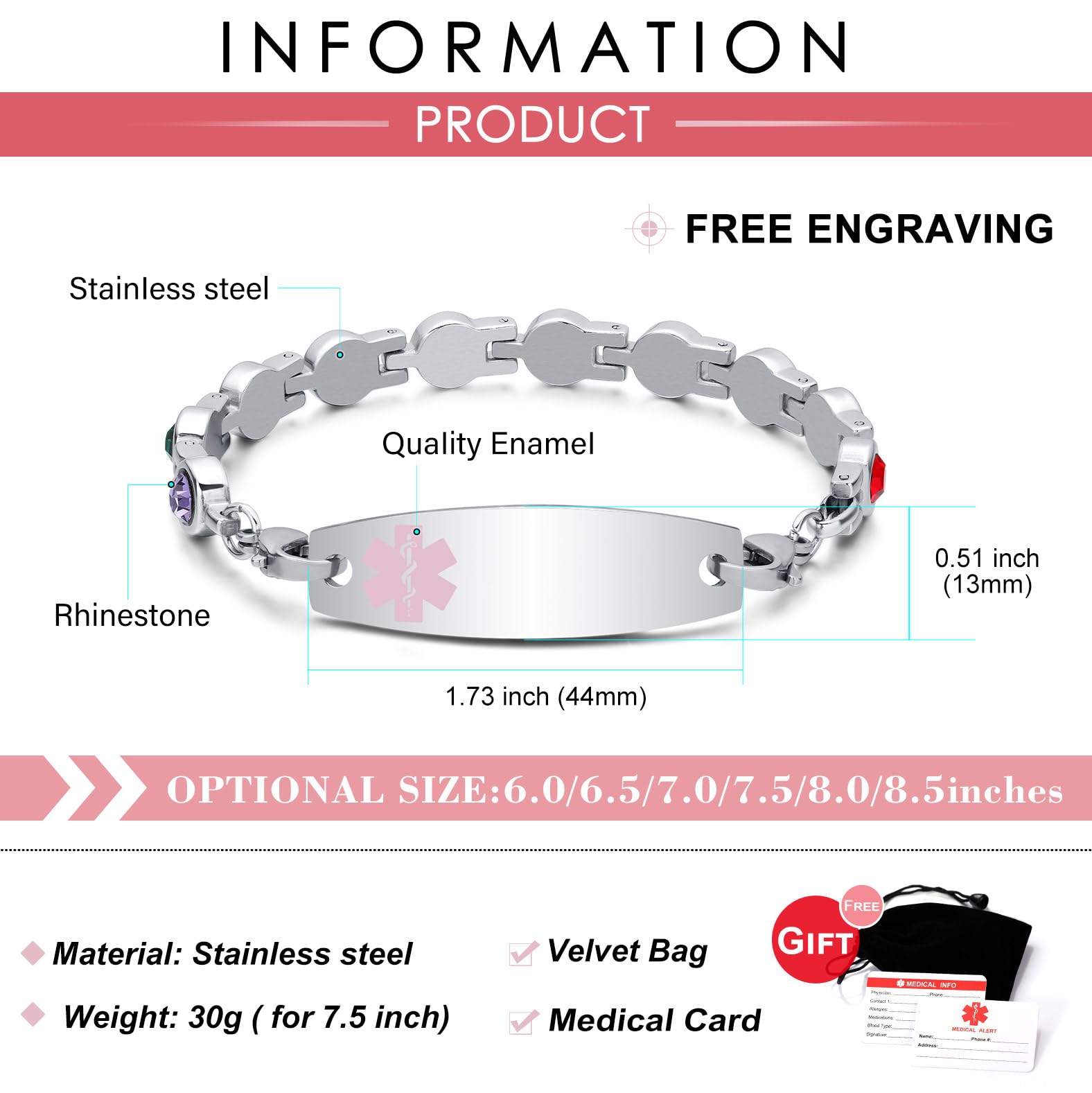 Custom Engraved Stainless Steel Medical ID Bracelet for Women & Girls - Personalized CZ Inlaid Medical Alert Bracelet with Free Medical Card | Perfect for Emergency Health Identification, Daily Wear & Special Needs