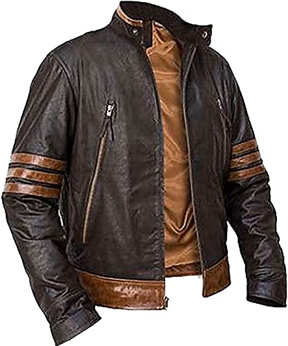 X-Men Wolverine Striped Leather Jacket - Brown Biker Jacket for Cosplay & Halloween - Premium Faux Leather Coat for Men (Large) - Perfect for Comic Con, Movie Costumes & Superhero Fans