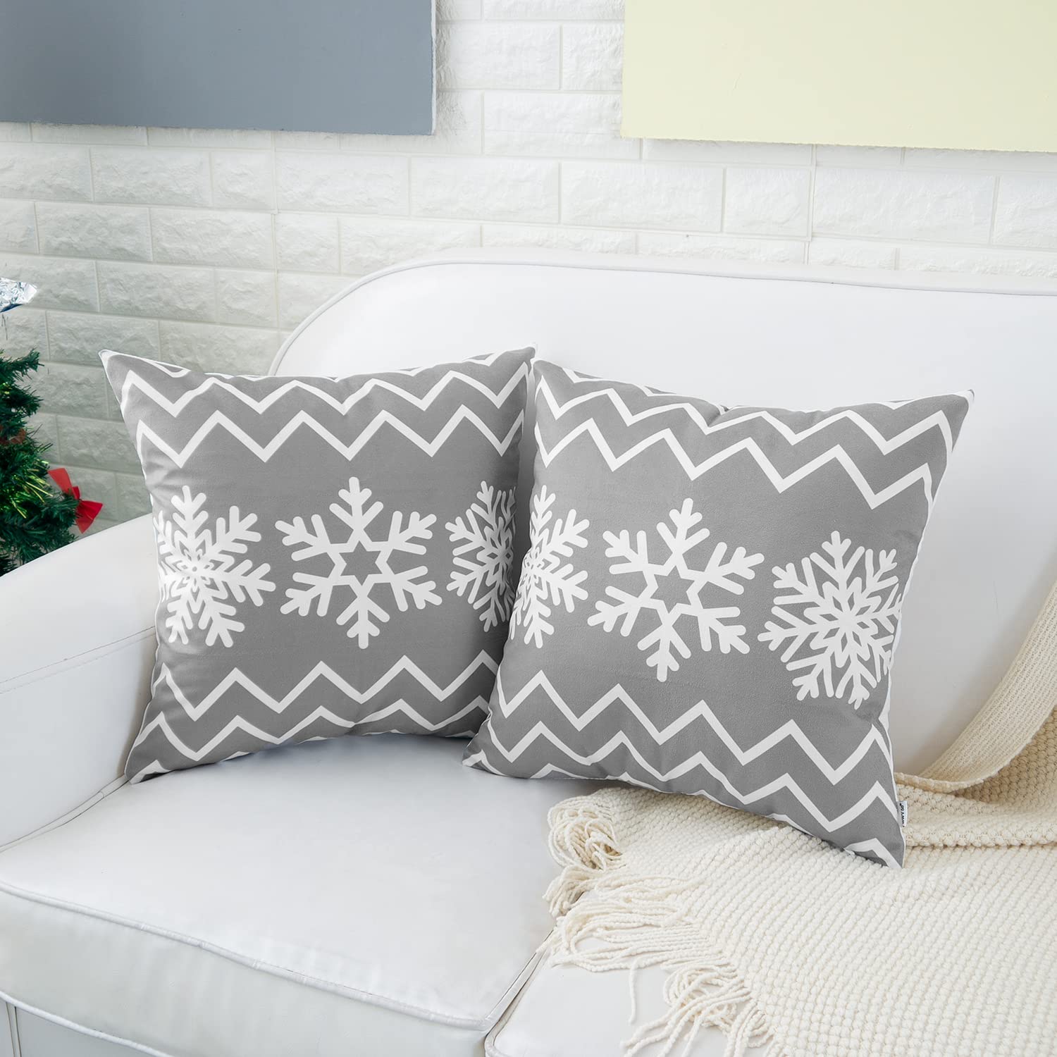 HWY 50 Gray Throw Pillow Covers Set of 4 - 18x18 Inch Soft Bohemian Snowflake Print Square Cushion Covers for Sofa, Couch & Bed - Perfect for Living Room Decor, Christmas Home Accents & Cozy Winter Styling